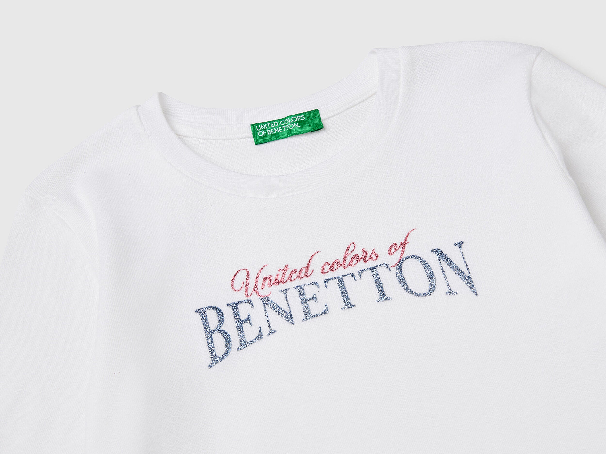 Benetton Kız Çocuk Beyaz Simli Benetton Logo Baskılı Tişört