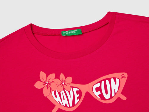 Benetton Kız Çocuk Fuşya Grafik Baskılı Kısa Kollu Tişört