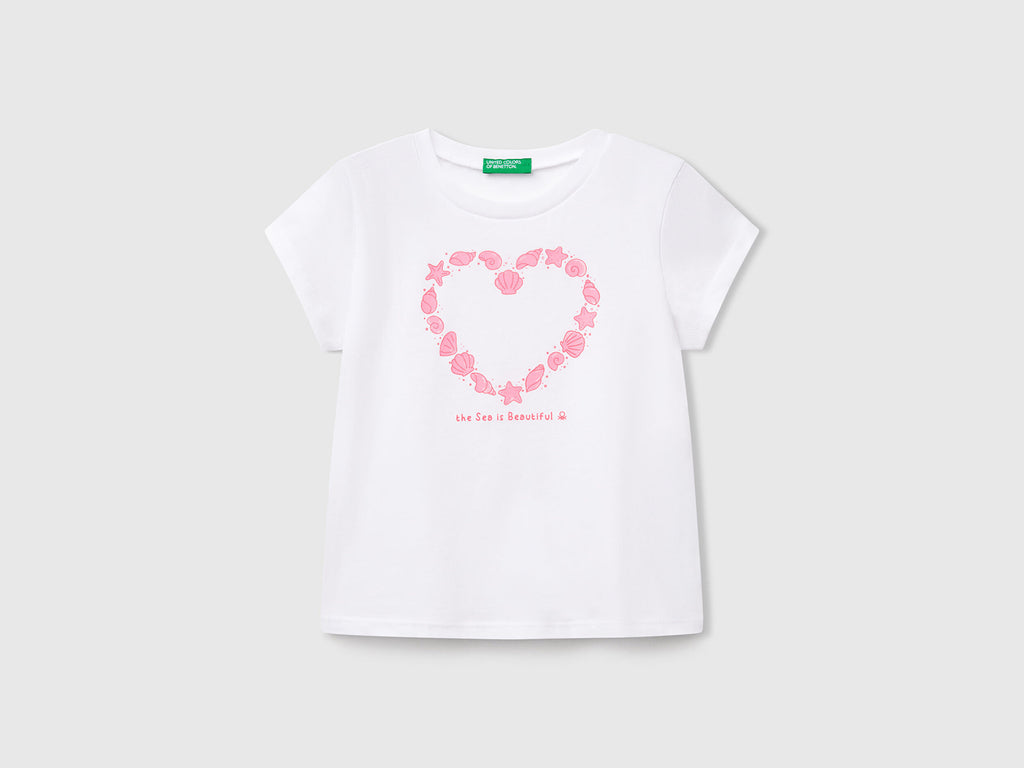 Benetton Kız Bebek Beyaz Grafik Baskılı Kısa Kollu Tişört