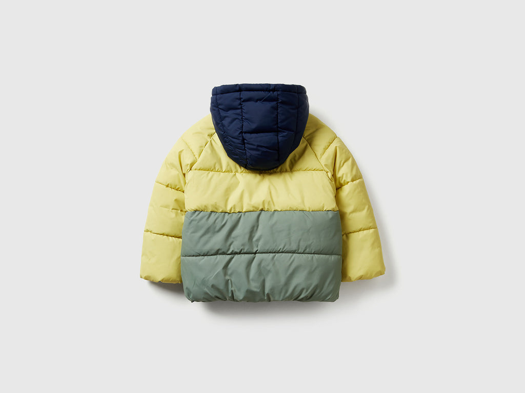 Benetton Erkek Bebek Sarı-Gri Sol Göğsü Logo Yamalı Önü Cepli Kapüşonlu Fermuarlı Mont