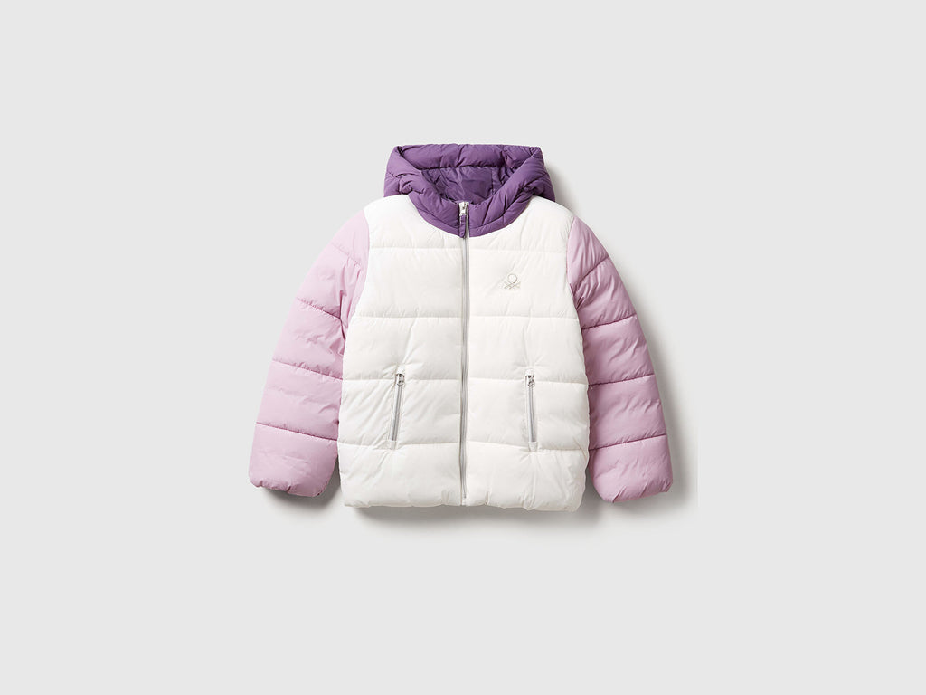 Benetton Kız Çocuk Ekru-Lila Sol Göğsü Logo İşlemeli Cepli Kapüşonlu Yüksek Yaka Mont