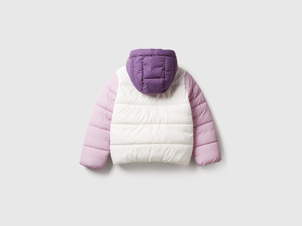 Benetton Kız Çocuk Ekru-Lila Sol Göğsü Logo İşlemeli Cepli Kapüşonlu Yüksek Yaka Mont