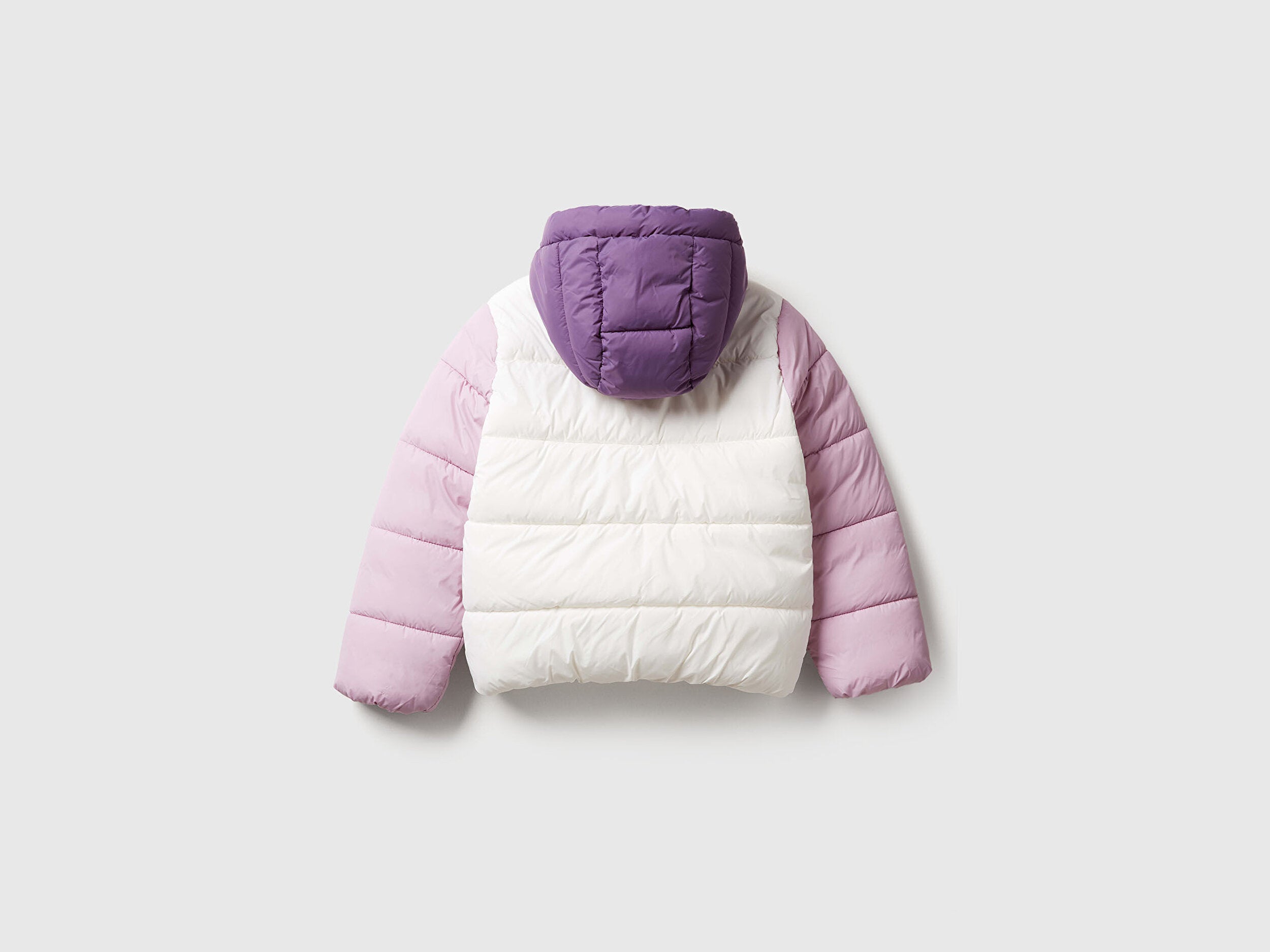 Benetton Kız Çocuk Ekru-Lila Sol Göğsü Logo İşlemeli Cepli Kapüşonlu Yüksek Yaka Mont