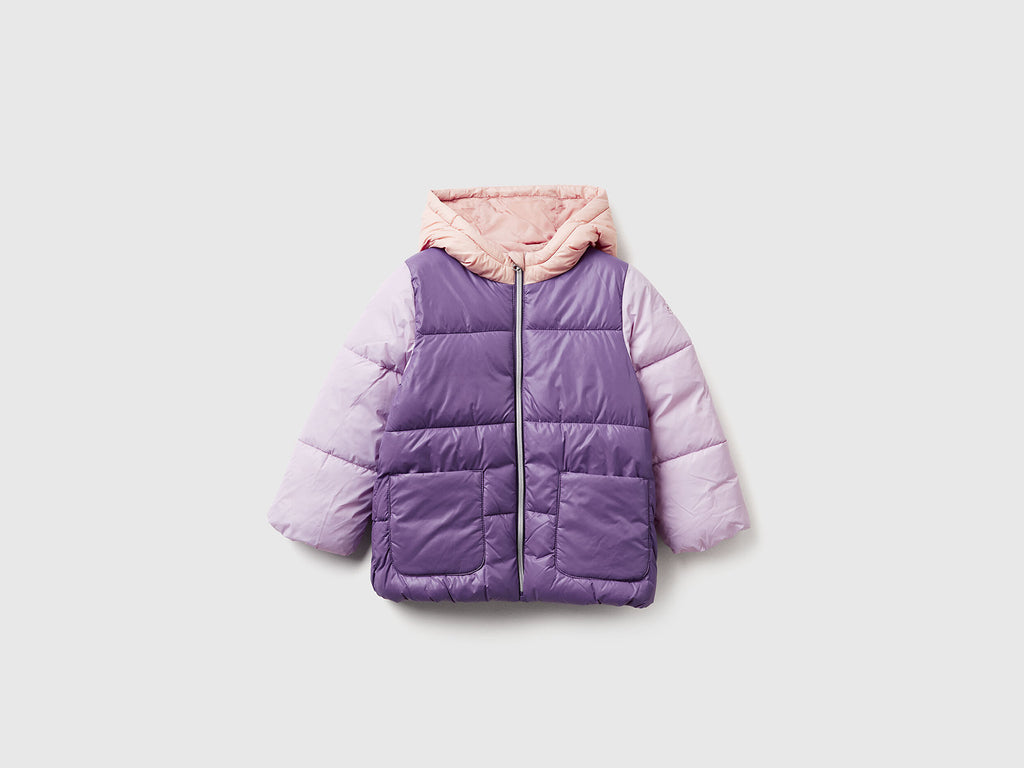 Benetton Bebek Mor-Pembe Kapüşonlu Kışlık Mont – Logo Detaylı