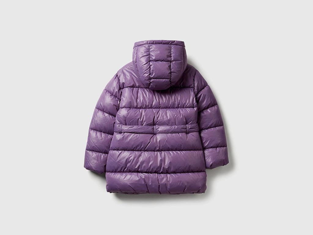 Benetton Kız Çocuk Mor Kolu Simli Logolu Beli Bağlamalı Kapüşonlu Dolgulu Mont