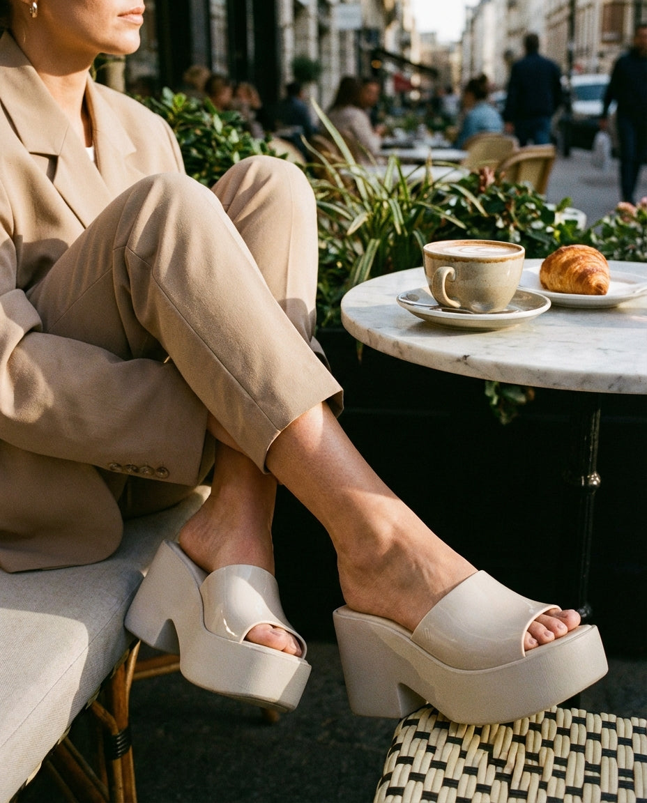Şehir stili Melissa kadın terlik krem, günlük kullanım ve ofis şıklığı için rahat platform model.