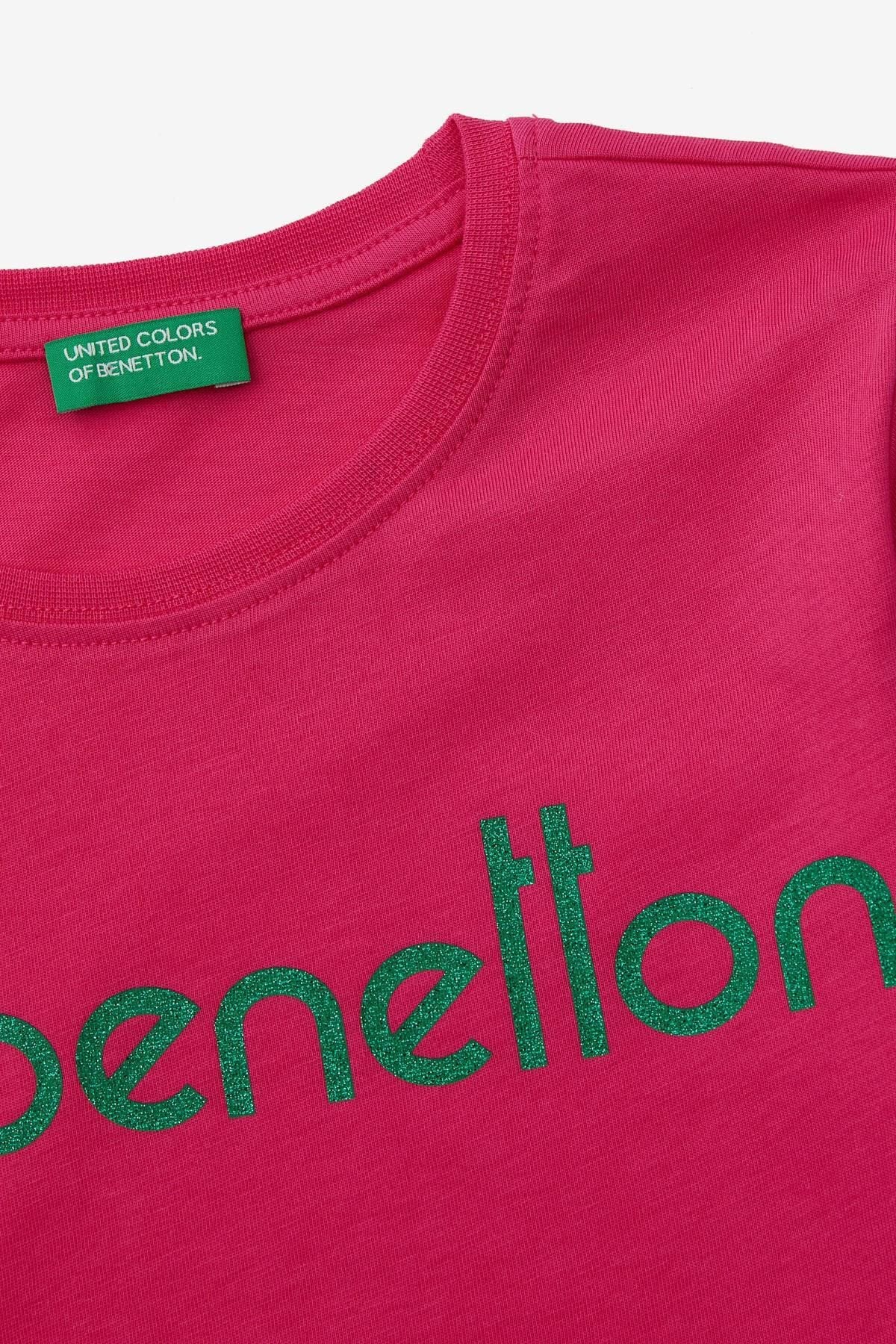 Benetton Kız Çocuk Fuşya Baskılı Uzun Kol Tişört - Riki Baby&Kids