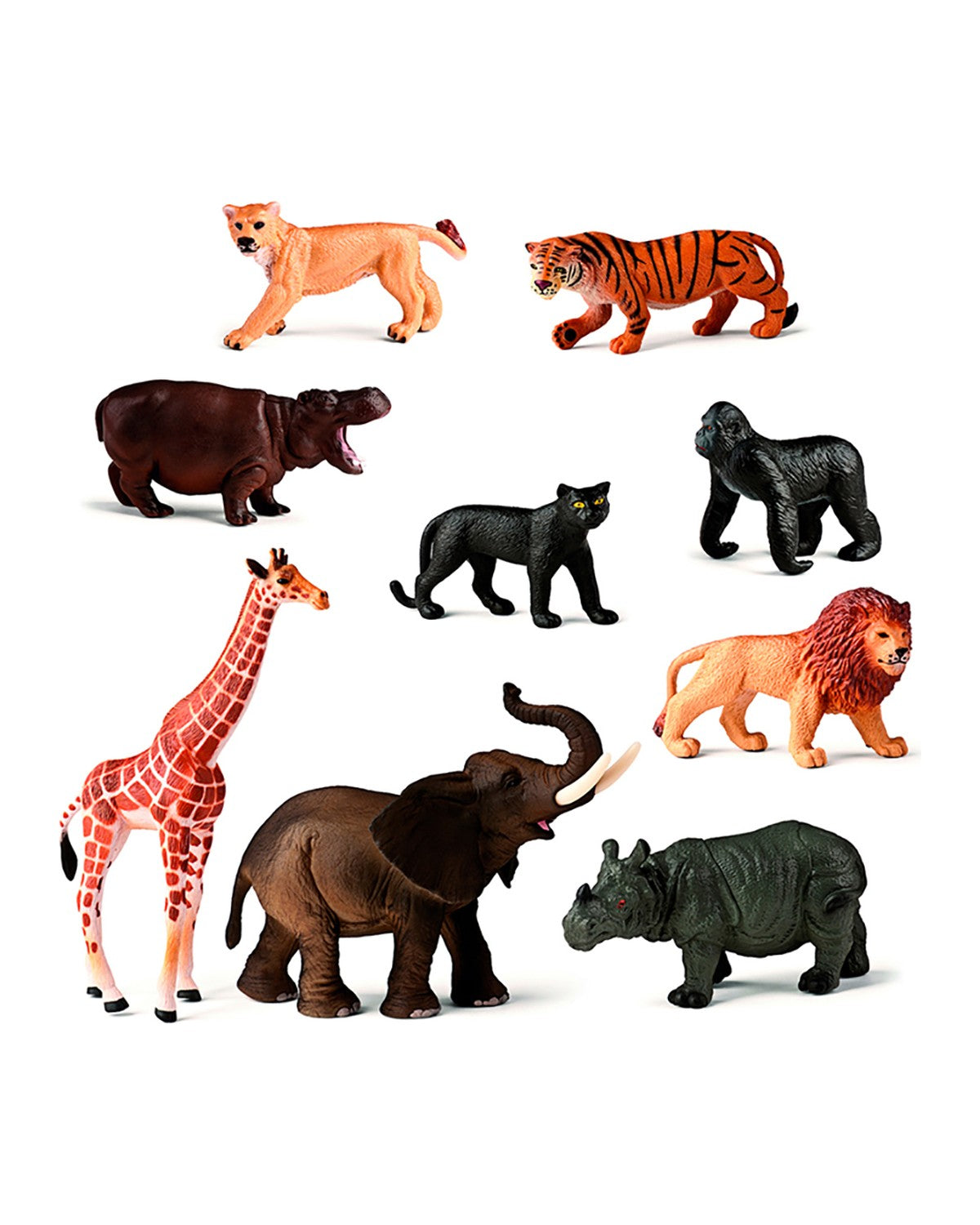 Miniland 9 parça vahşi hayvan figürleri: zürafa, fil, gergedan, aslan, kaplan, goril ve diğerleri