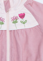 Crystal Baby İnce Fitilli Kadife Nakışlı Kapüşonlu Ceket – Pudra & Soft Rose