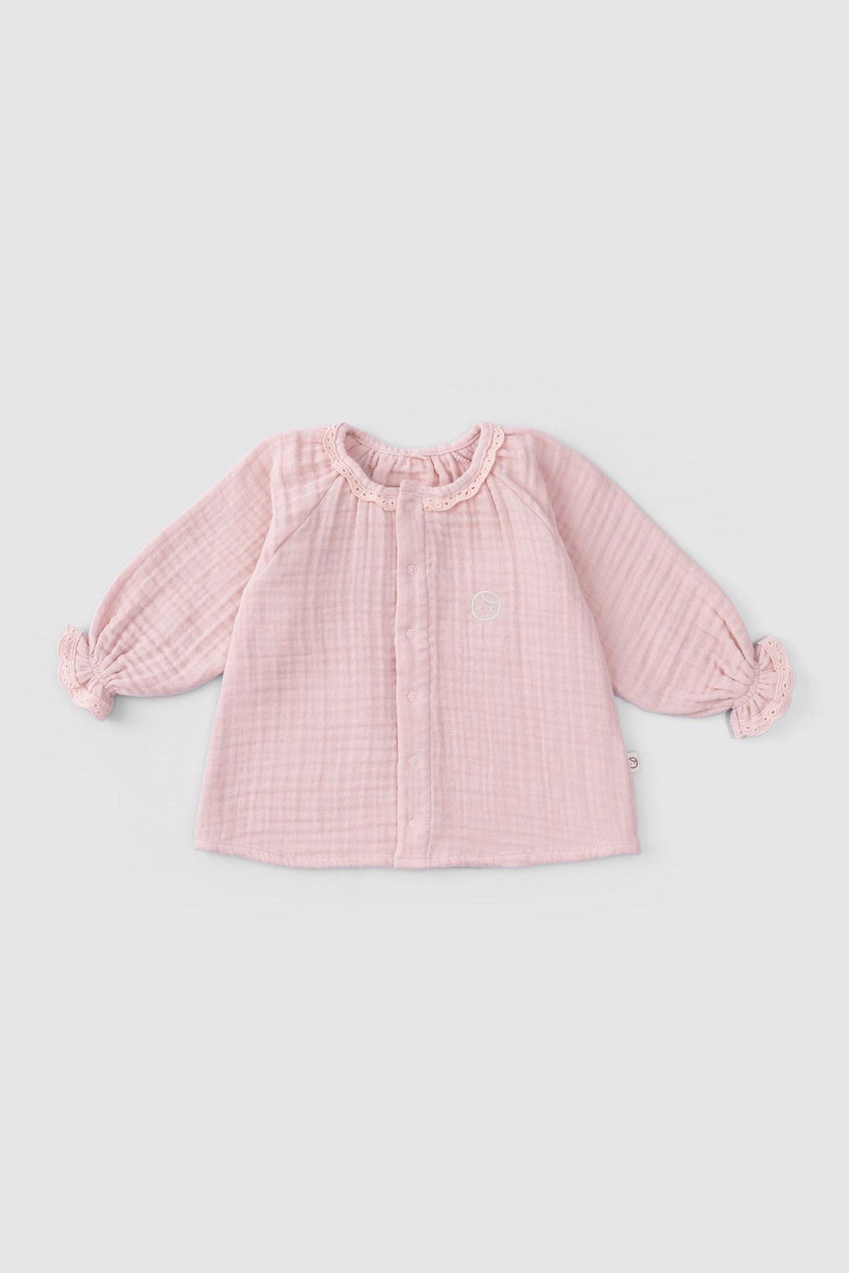 Brodeli Müslin Bebek Gömlek Organik Pamuk Pembe - Riki Baby&Kids