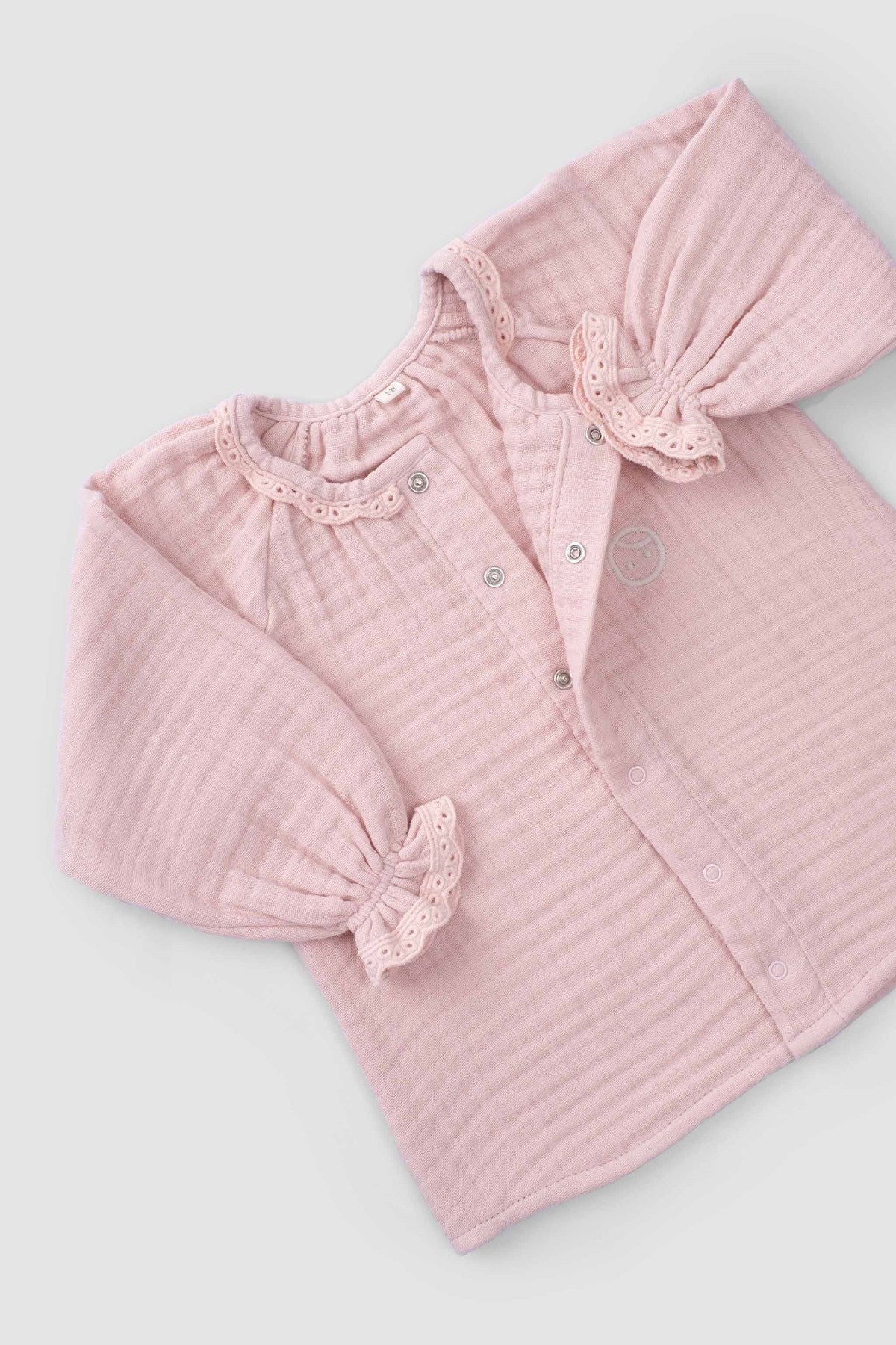 Brodeli Müslin Bebek Gömlek Organik Pamuk Pembe - Riki Baby&Kids