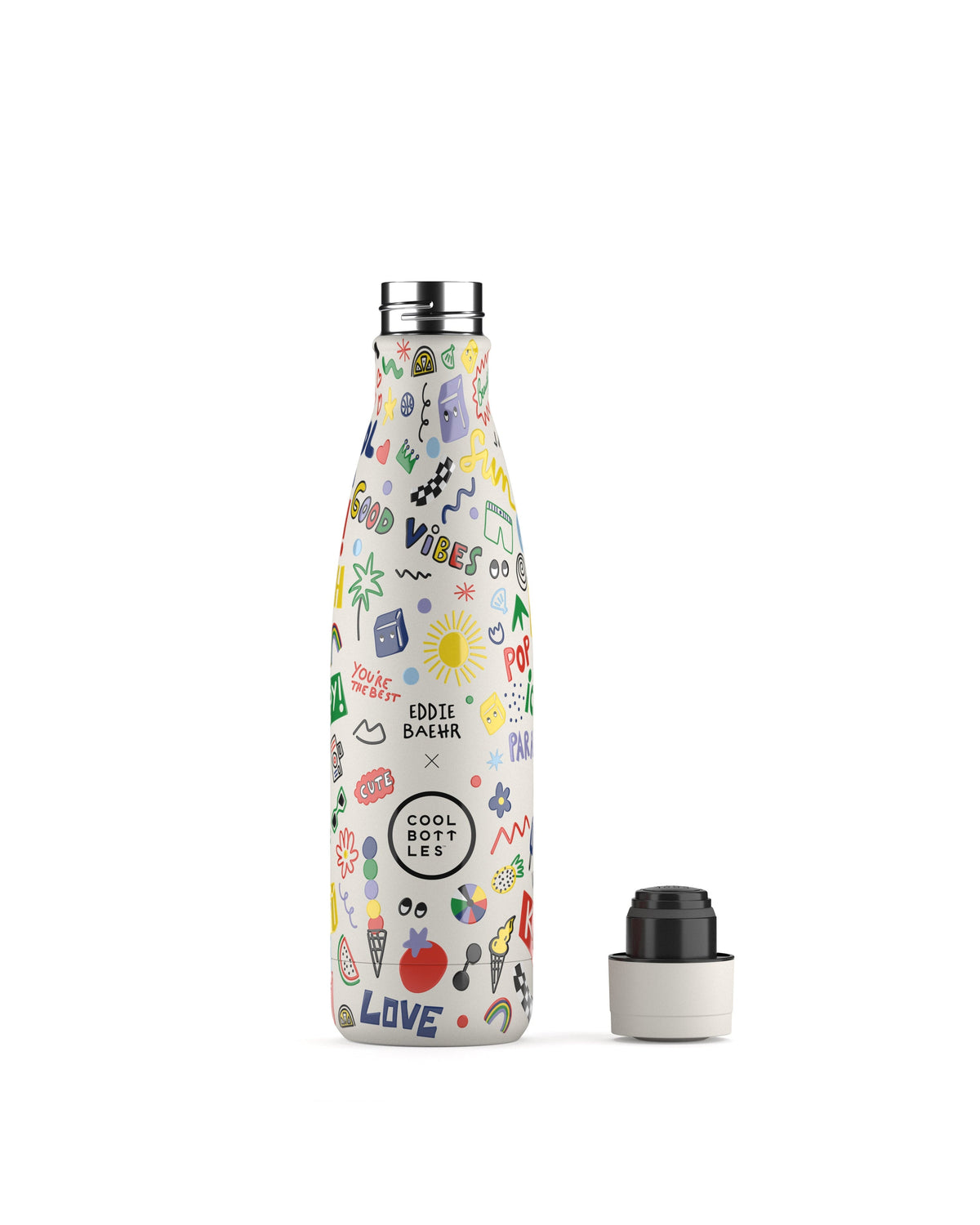 Cool Bottles Good Vibes 500 ml termos matara, kapağı çıkarılmış görünüm