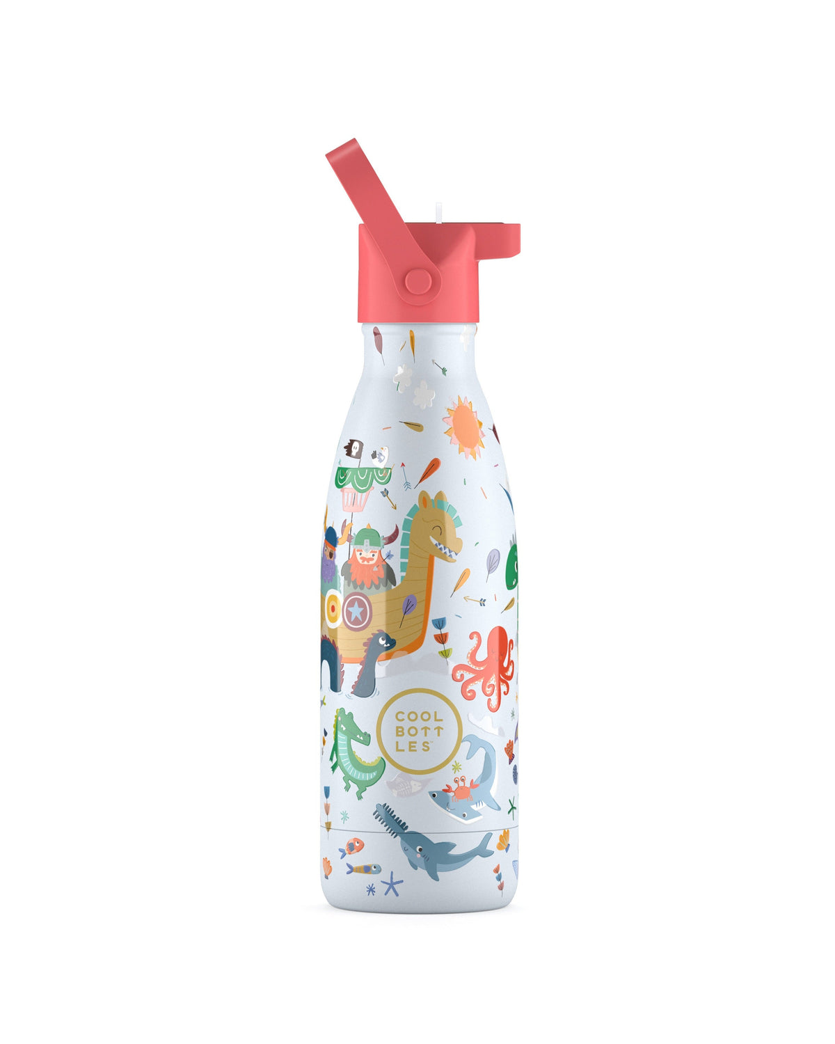Cool Bottles Kids Brave Vikings viking desenli 350 ml çelik çocuk suluğu, pipetli kapak takılı