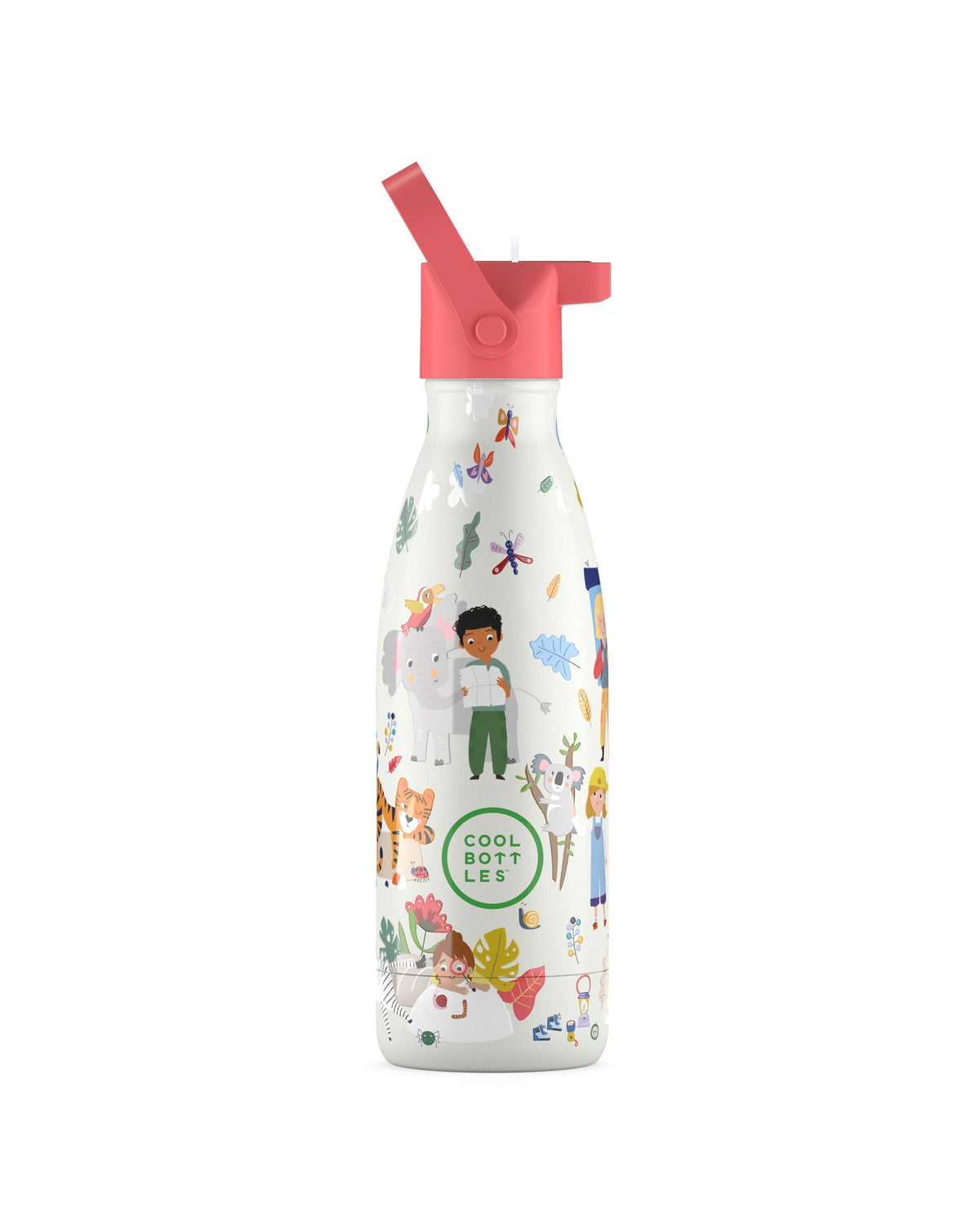 Cool Bottles Kids Curious Explorers kaşif desenli 350 ml çelik çocuk suluğu, pipetli kapak takılı