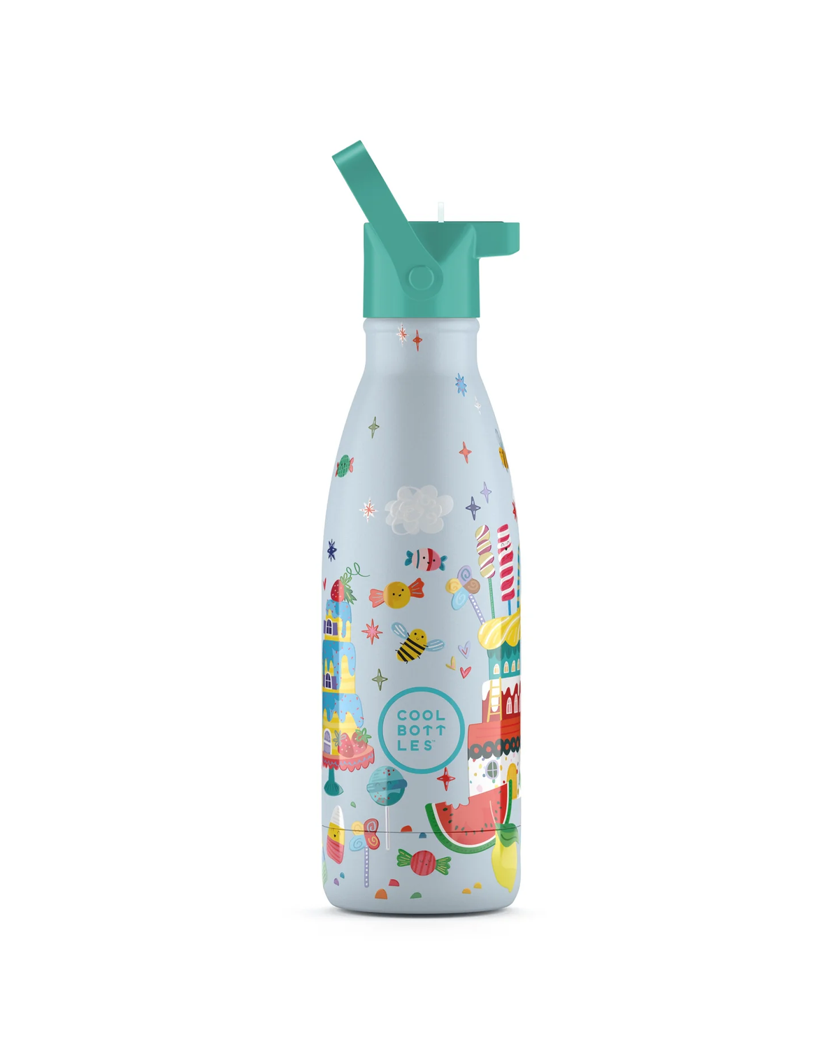 Cool Bottles Kids Candy Land şeker desenli 350 ml çelik çocuk suluğu, pipetli kapak takılı