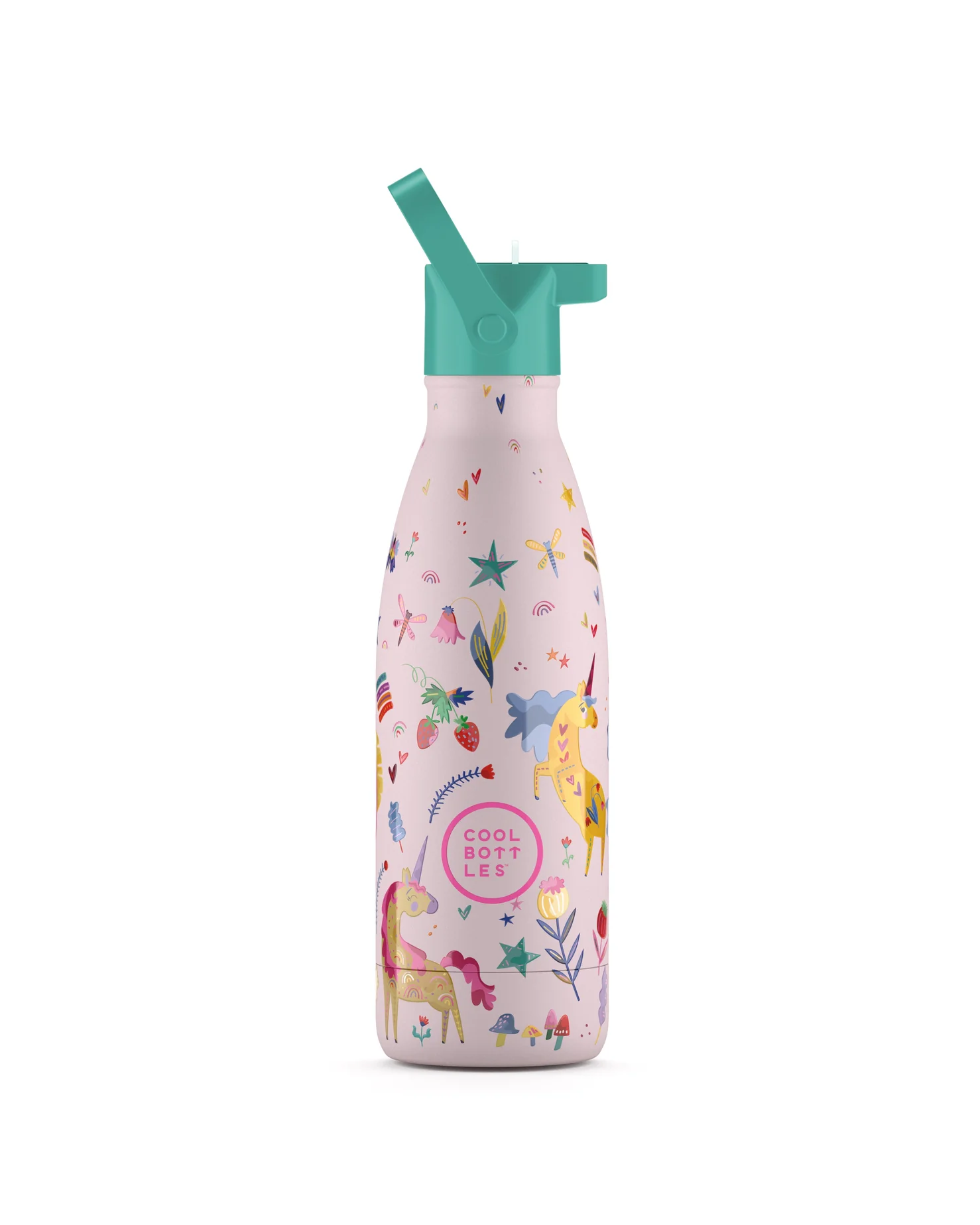 Cool Bottles Kids Funny Unicorns unicorn desenli 350 ml çelik çocuk suluğu, pipetli kapak takılı