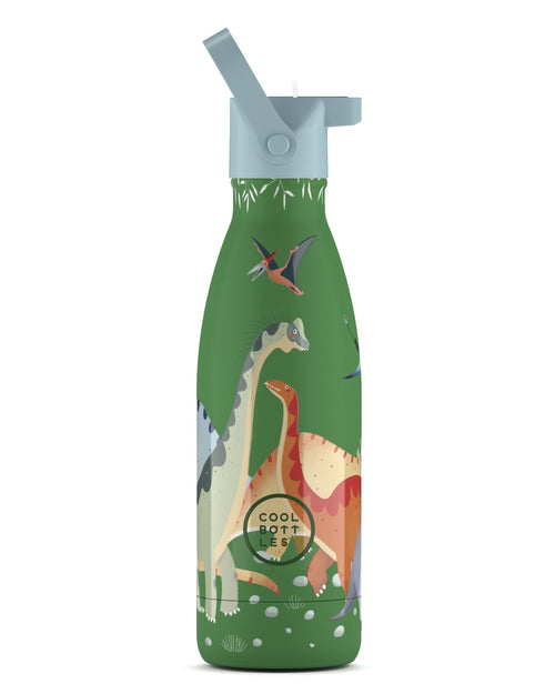 Cool Bottles Kids Jurassic Era dinozor desenli 350 ml çelik çocuk suluğu, pipetli kapak takılı