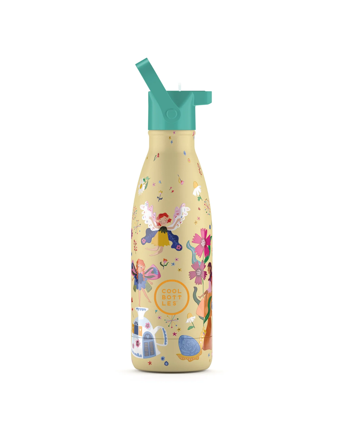 Cool Bottles Kids Magical Fairies peri desenli 350 ml çelik çocuk suluğu, pipetli kapak takılı