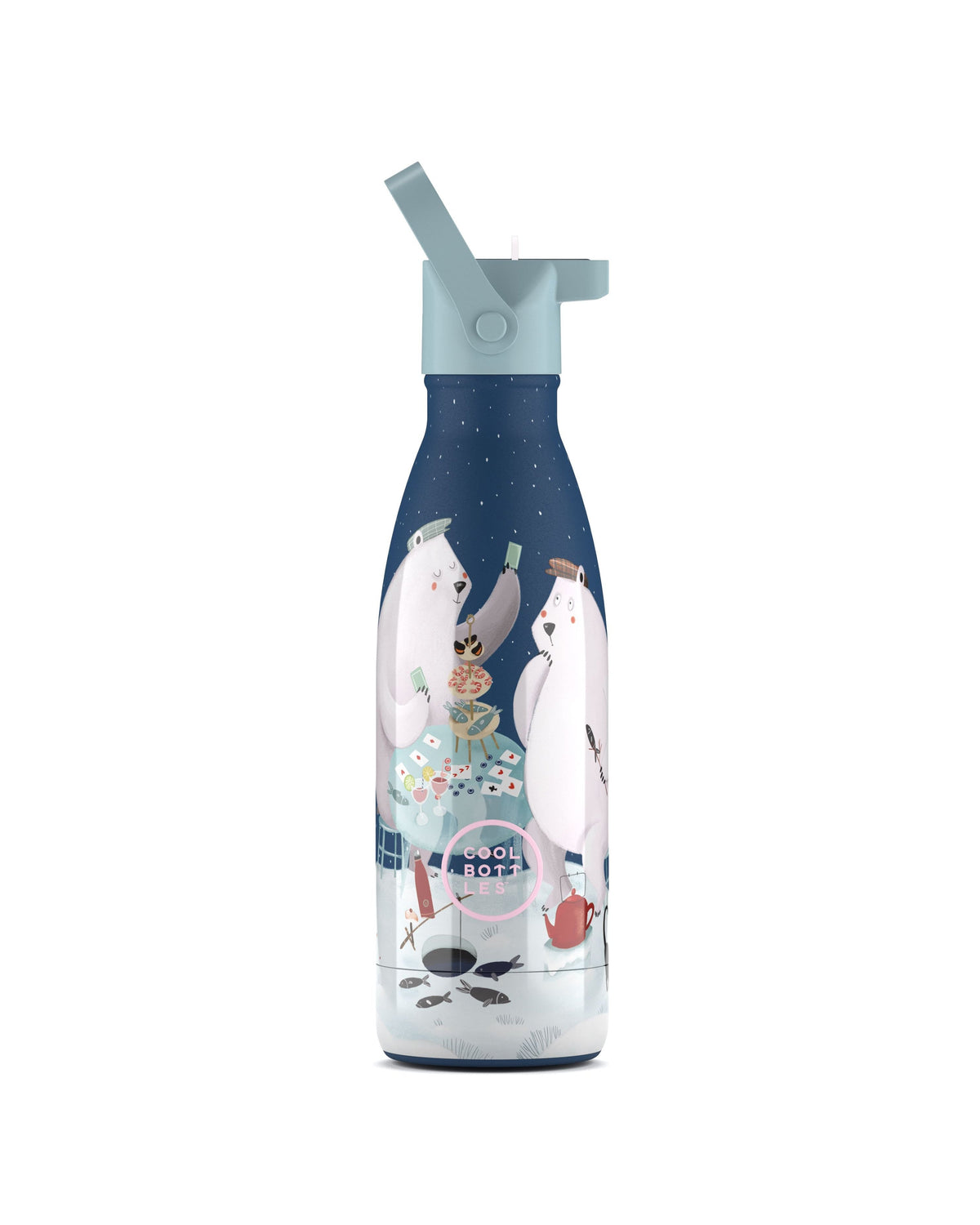 Cool Bottles Kids Polar Bears kutup ayısı desenli 350 ml çelik çocuk suluğu, pipetli kapak takılı
