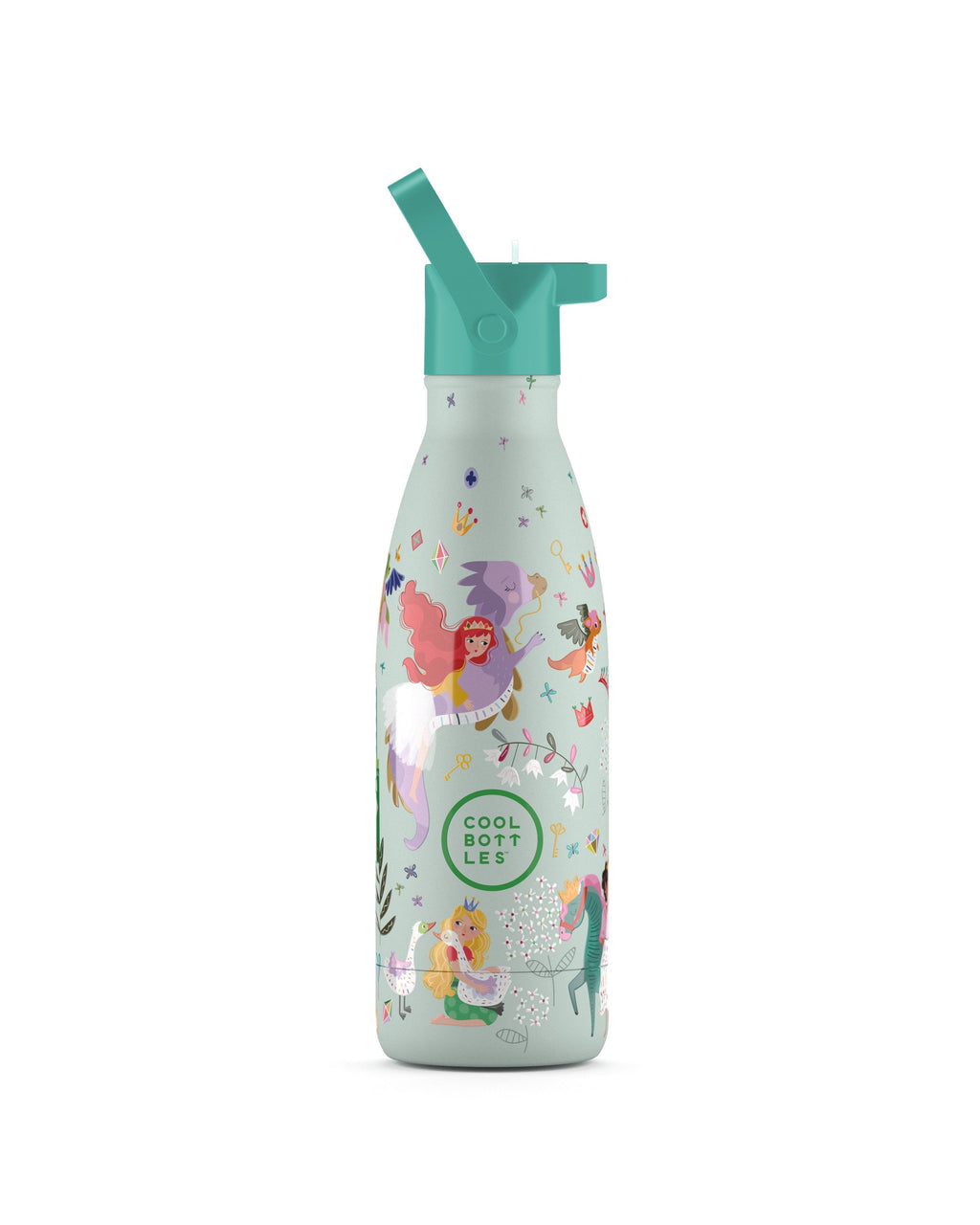 Cool Bottles Kids Princess Kingdom prenses desenli 350 ml çelik çocuk suluğu, pipetli kapak takılı
