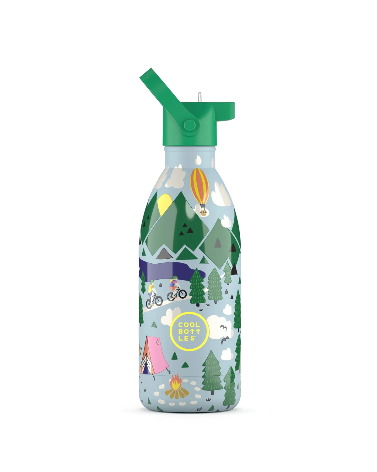 Cool Bottles Kids Outdoor Adventure kamp desenli 500 ml çelik çocuk suluğu, pipetli kapak takılı