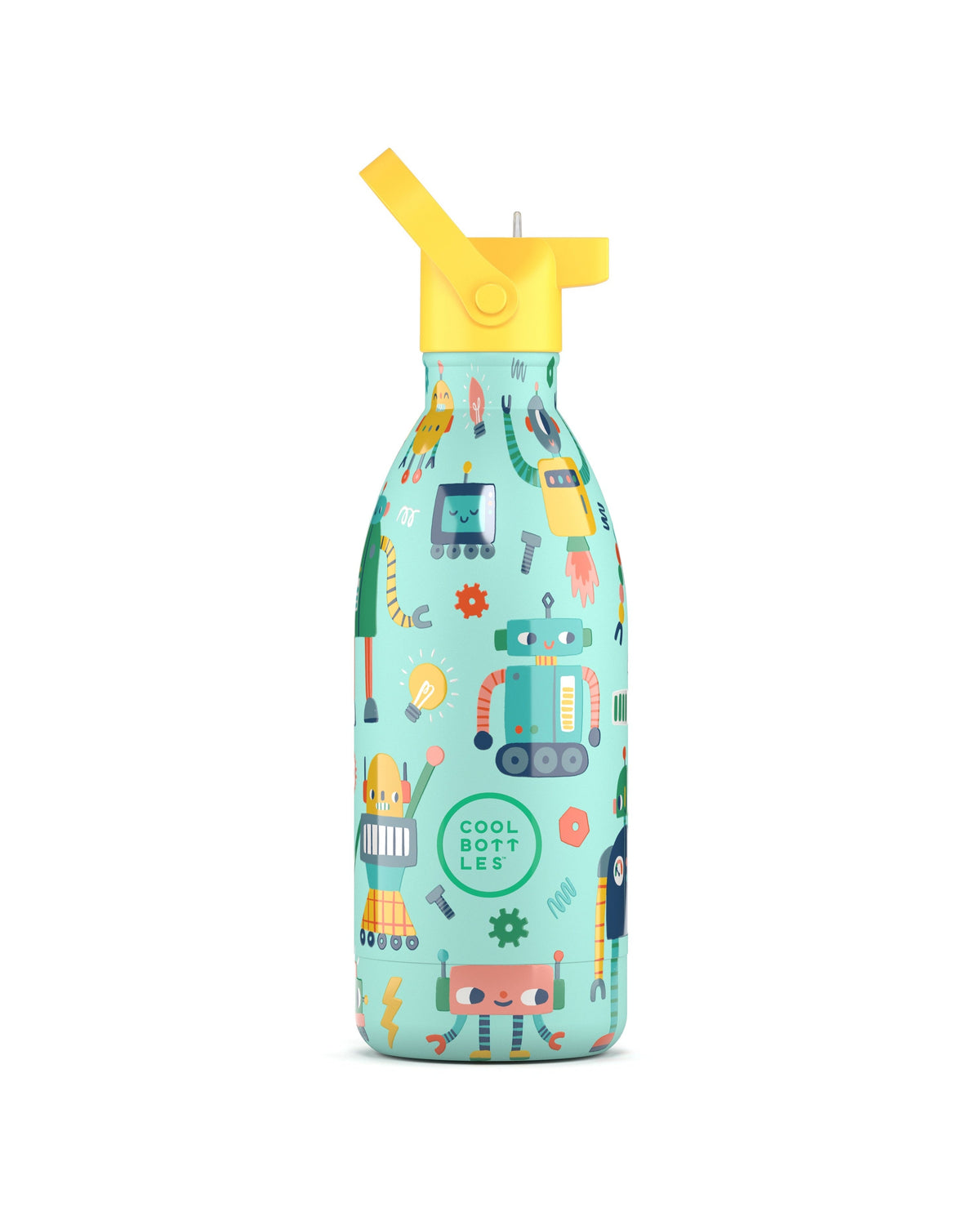 Cool Bottles Kids Short Circuit robot desenli 500 ml çelik çocuk suluğu, pipetli kapak takılı