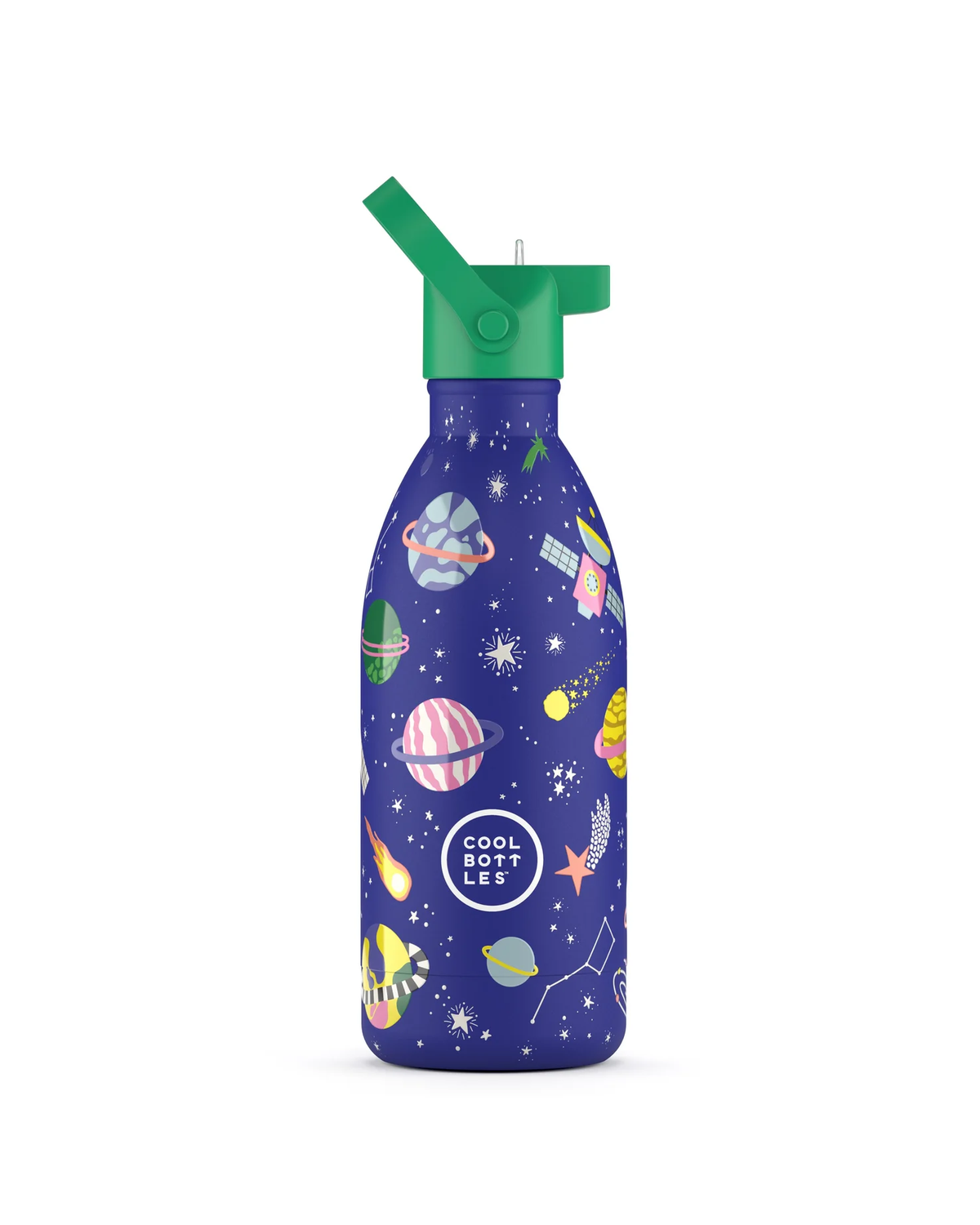 Cool Bottles Kids Stellar Journey uzay desenli 500 ml çelik çocuk suluğu, pipetli kapak takılı