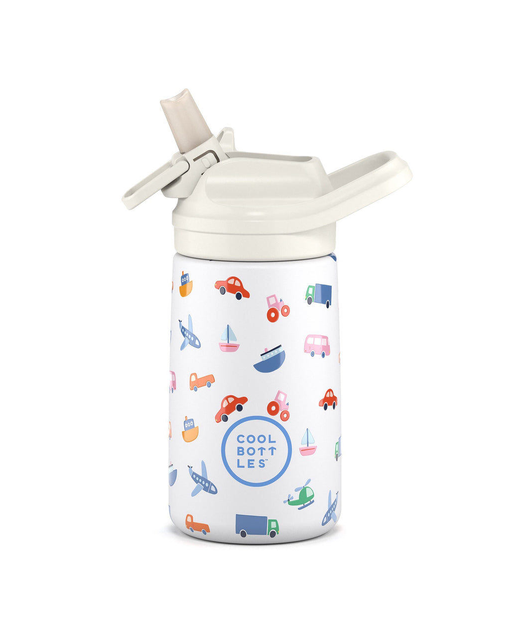 Cool Bottles Kiddies Little Wheels araba desenli 350 ml çelik bebek suluğu, ağızlık açık