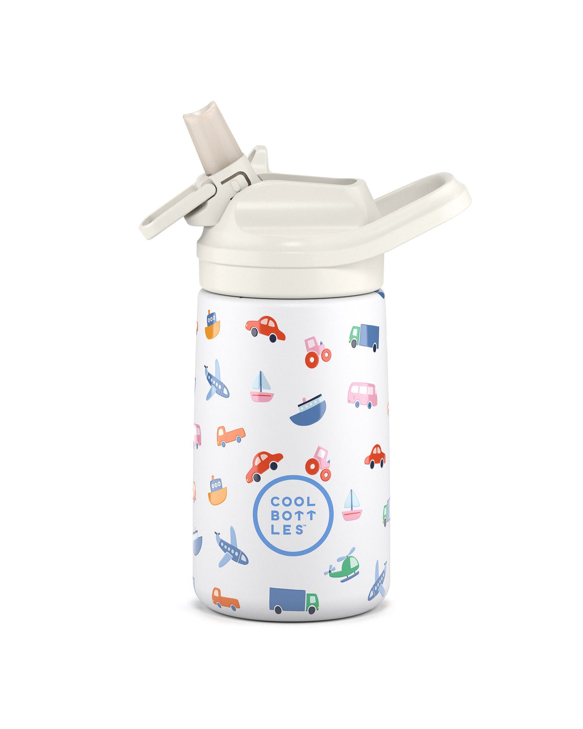 Cool Bottles Kiddies Little Wheels araba desenli 350 ml çelik bebek suluğu, ağızlık açık