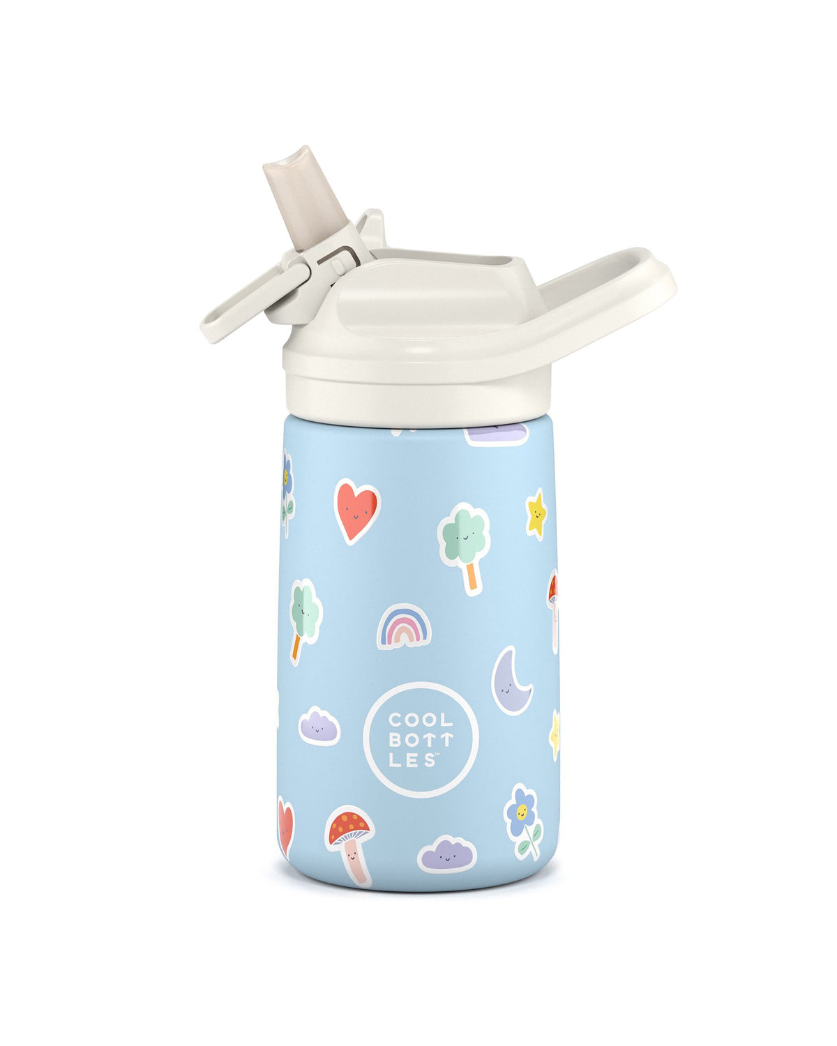 Cool Bottles Kiddies Rainbow Clouds gökkuşağı desenli 350 ml çelik bebek suluğu, ağızlık açık