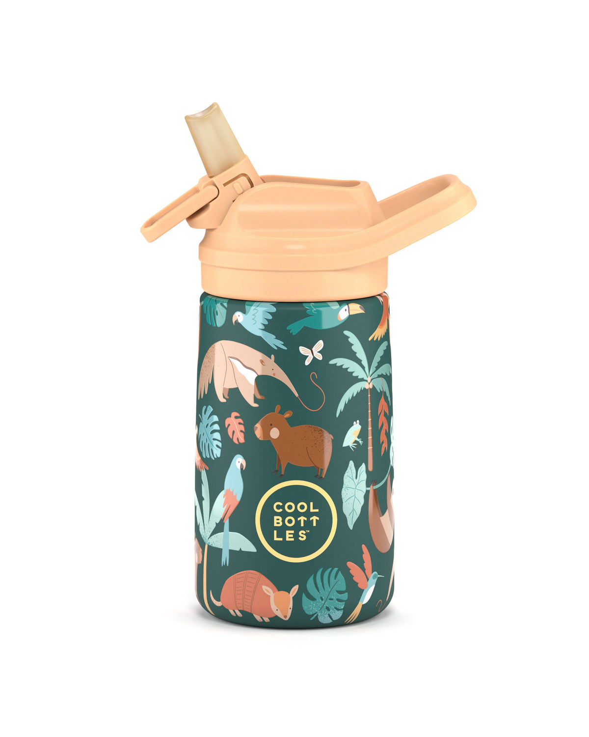 Cool Bottles Kiddies Rainforest Refuge yağmur ormanı desenli 350 ml çelik bebek suluğu, ağızlık açık