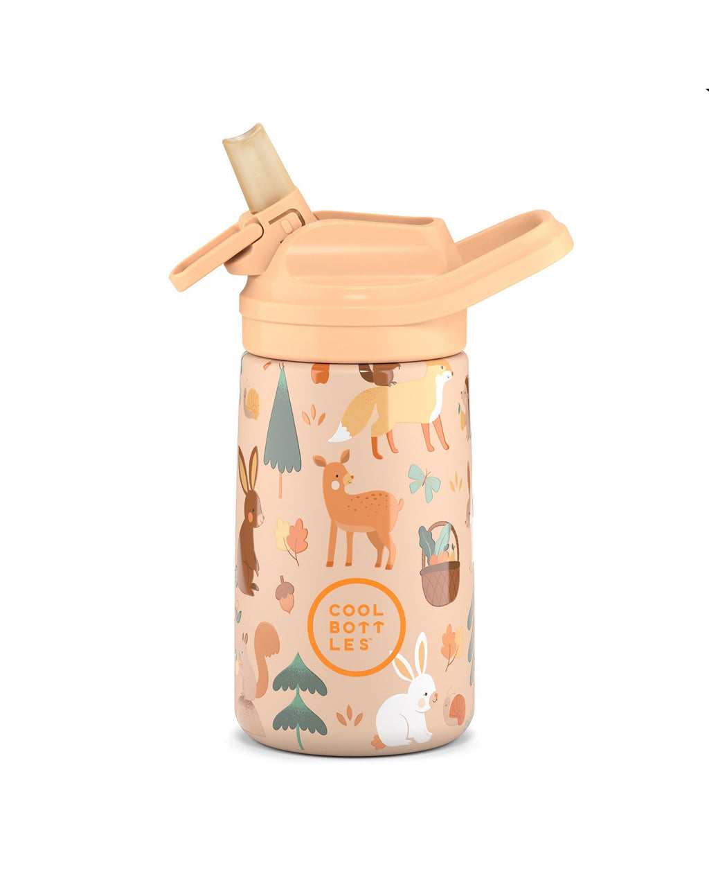 Cool Bottles Kiddies Woodland Buddies orman hayvanları desenli 350 ml çelik bebek suluğu, ağızlık açık