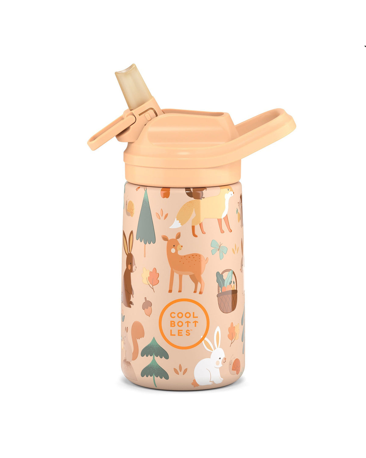 Cool Bottles Kiddies Woodland Buddies orman hayvanları desenli 350 ml çelik bebek suluğu, ağızlık açık