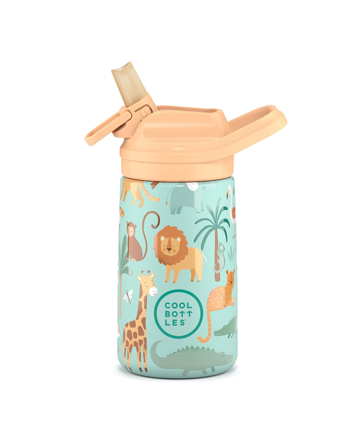 Cool Bottles Kiddies Wild Crew safari hayvanları desenli 350 ml çelik bebek suluğu, ağızlık açık