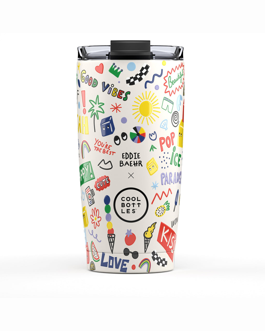 Cool Bottles Good Vibes Eddie Baehr desenli 550 ml çelik termos bardak, önden görünüm
