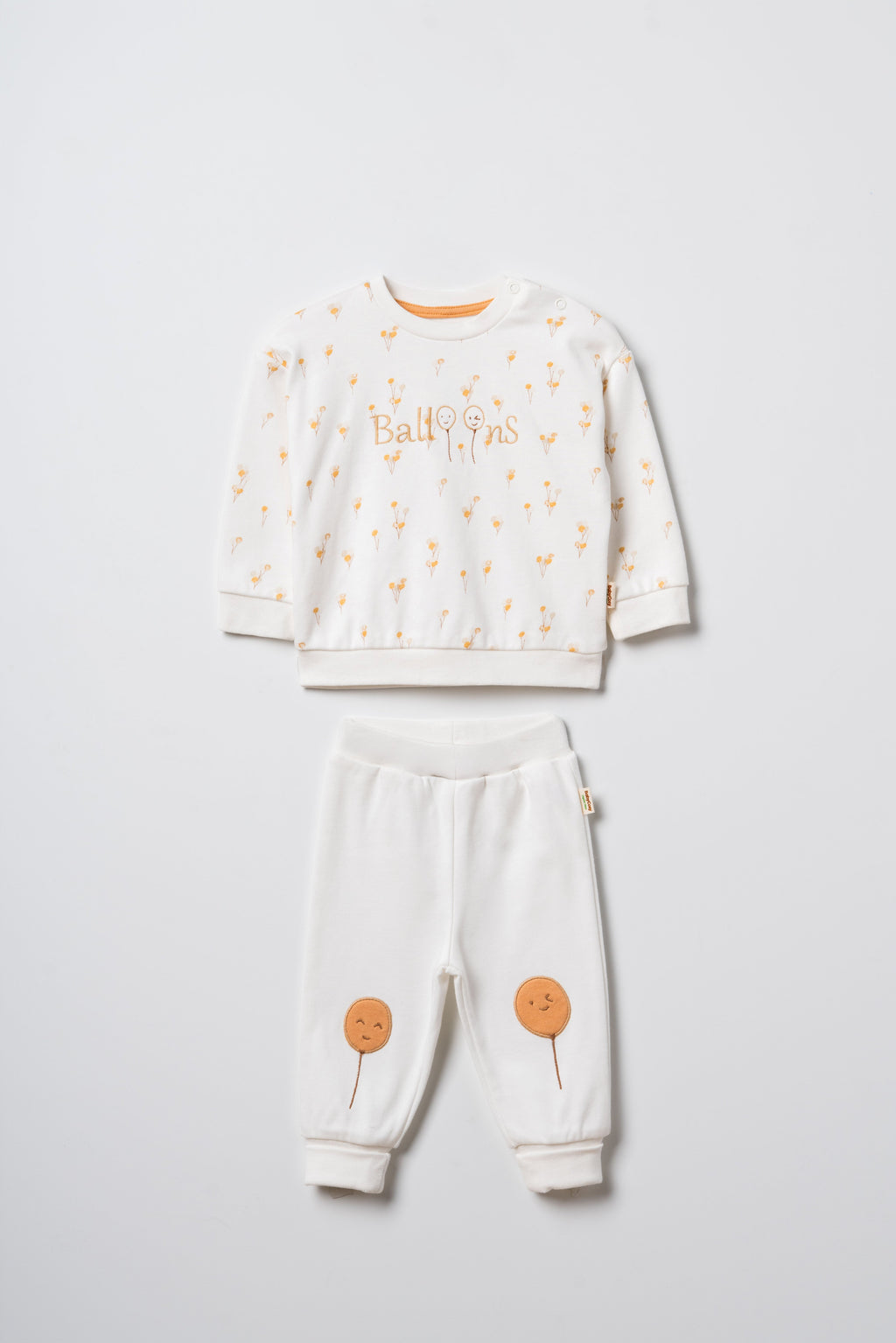 GOTS sertifikalı organik pamuk çiçek desenli bebek sweatshirt ve balon nakışlı eşofman altı takımı