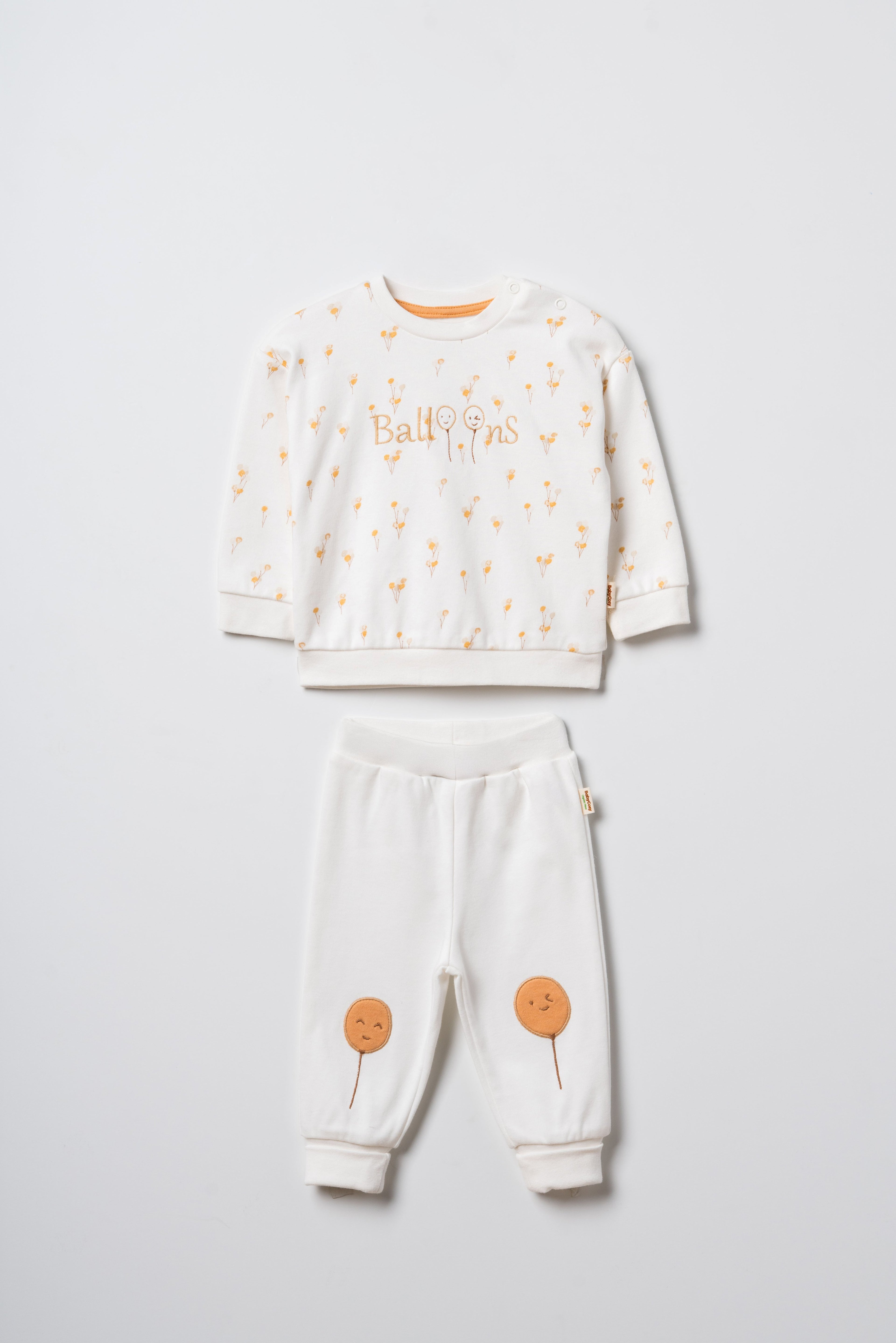 GOTS sertifikalı organik pamuk çiçek desenli bebek sweatshirt ve balon nakışlı eşofman altı takımı