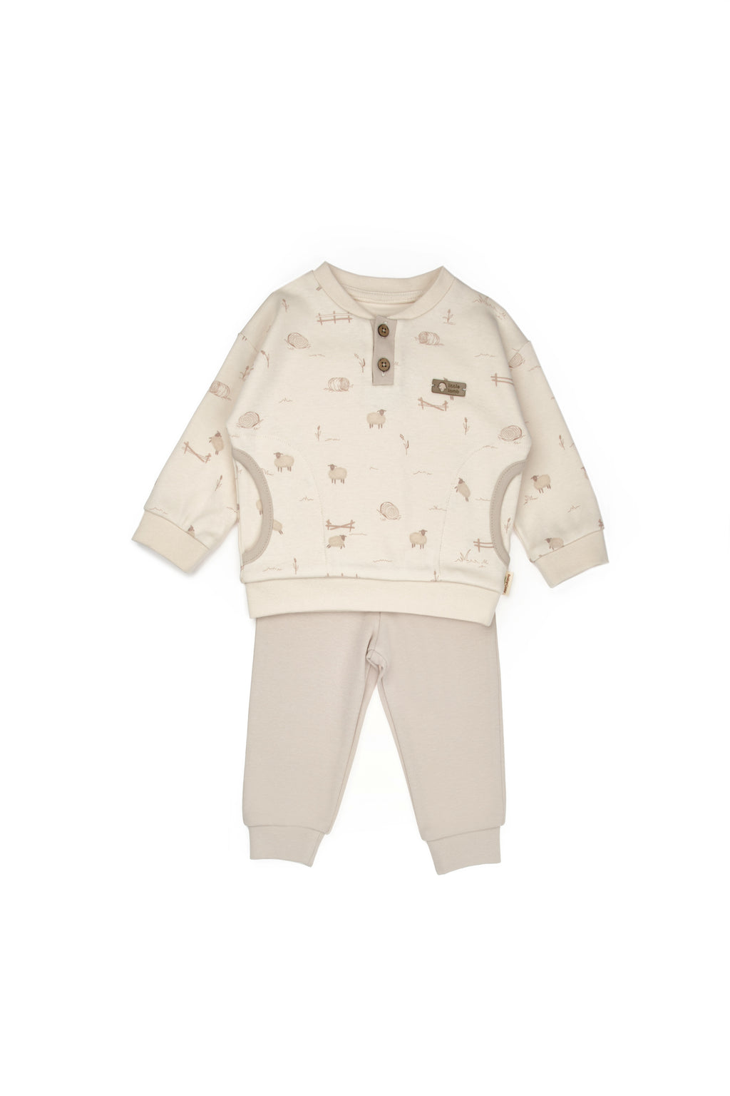 Organik Pamuk Kuzu Desenli Bej Sweatshirt ve Pantolon 2’li Takım - Lamb Koleksiyonu