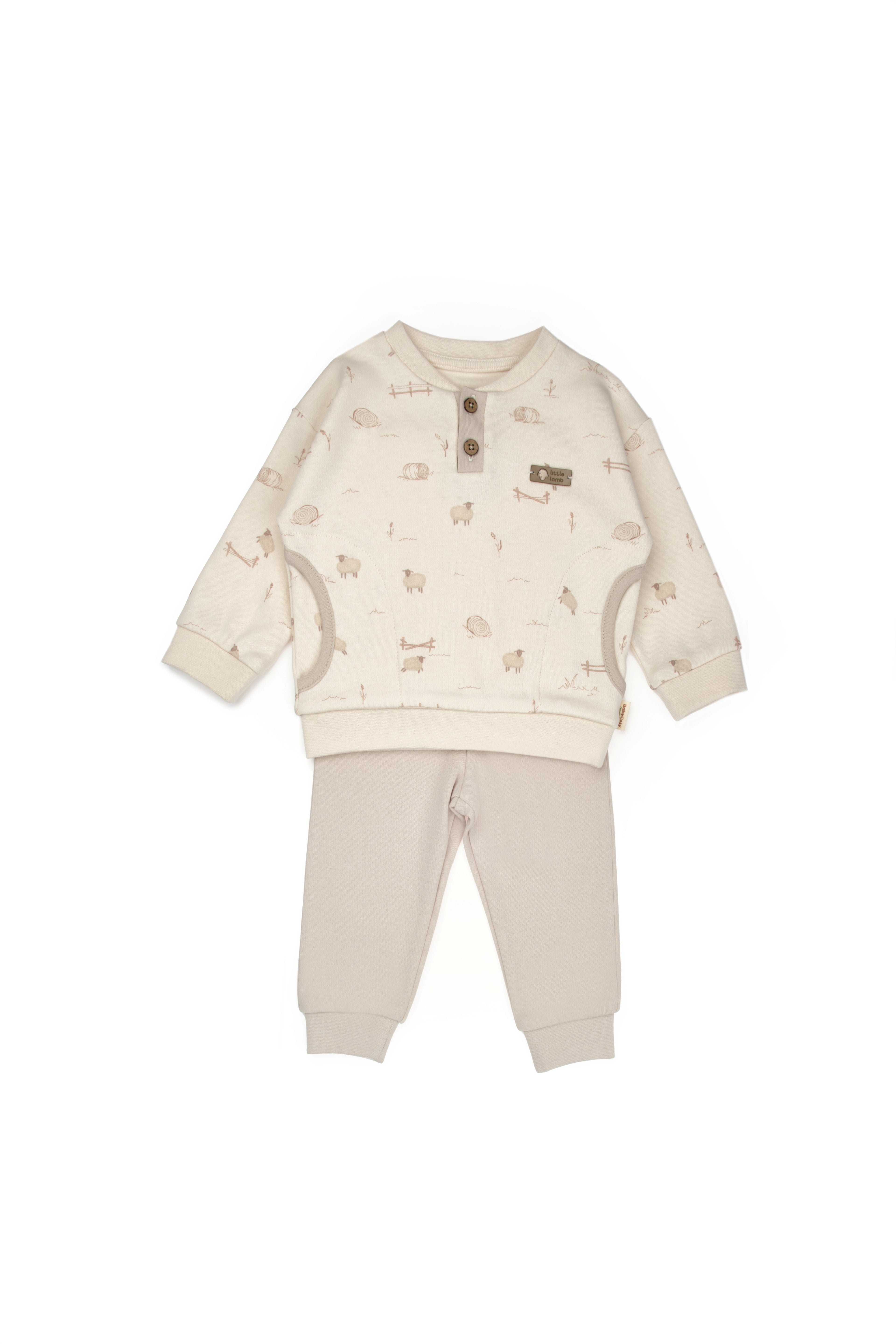 Organik Pamuk Kuzu Desenli Bej Sweatshirt ve Pantolon 2’li Takım - Lamb Koleksiyonu