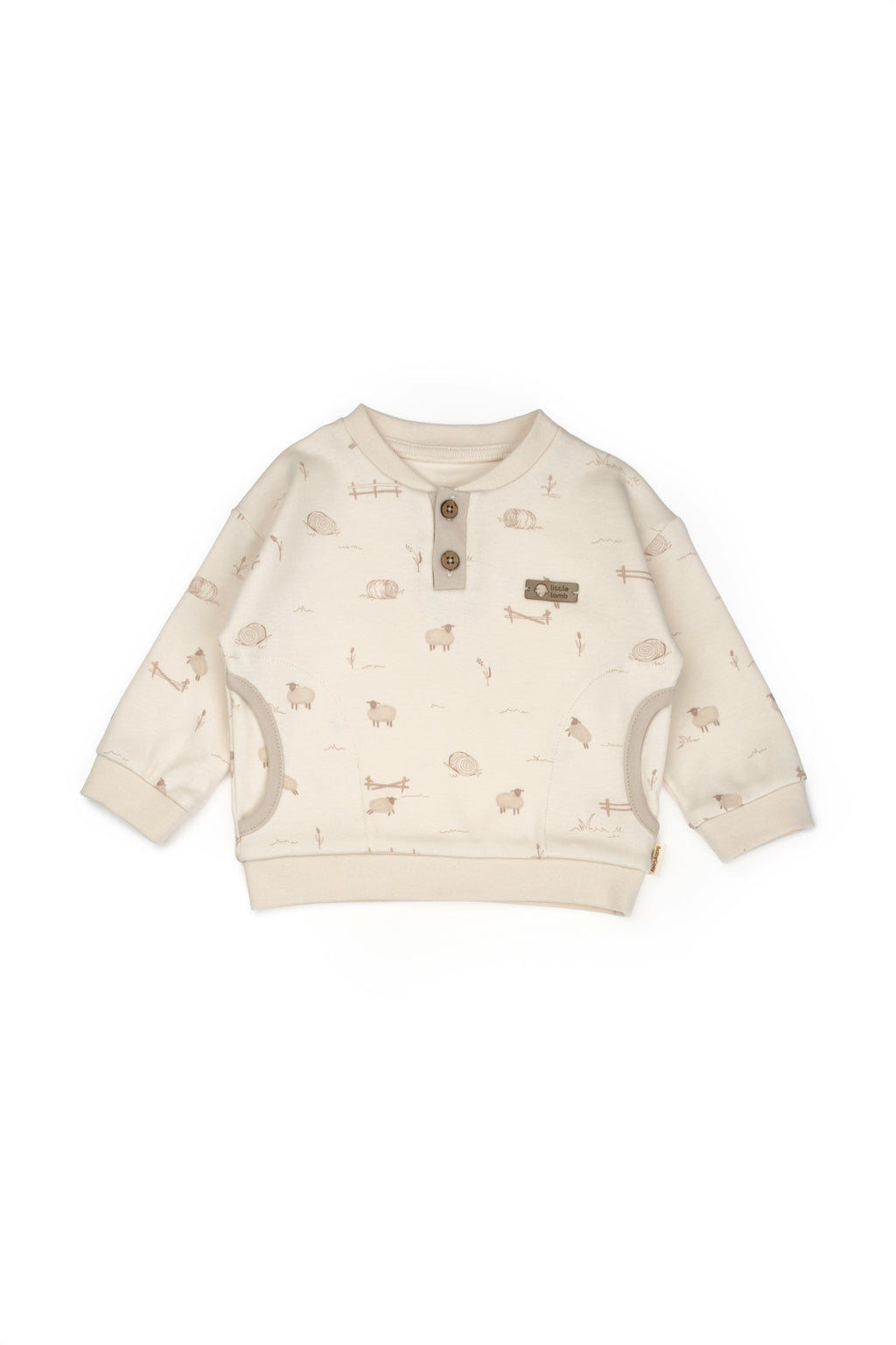 Organik Pamuk Kuzu Desenli Bej Sweatshirt ve Pantolon 2’li Takım - Lamb Koleksiyonu