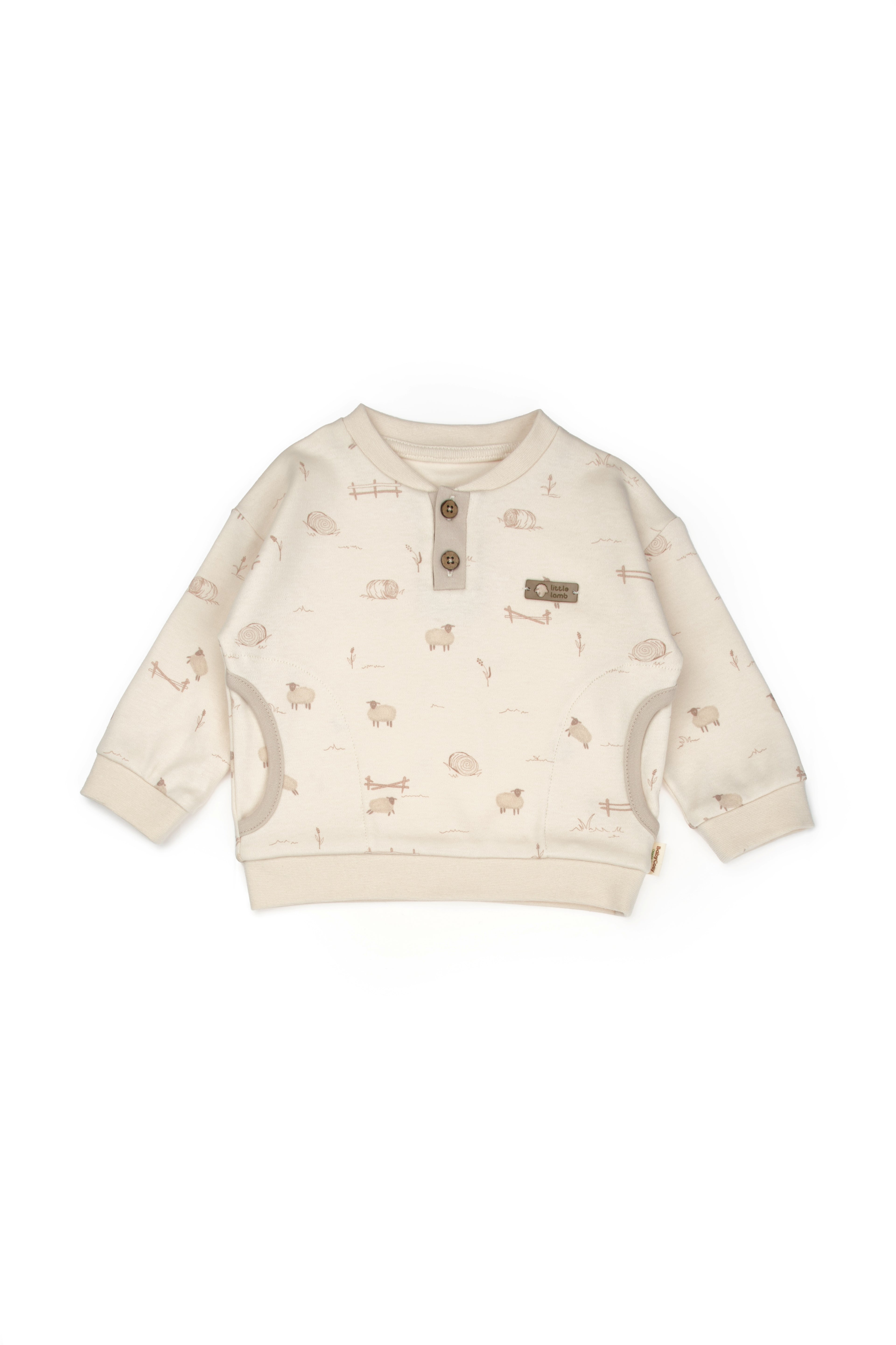 Organik Pamuk Kuzu Desenli Bej Sweatshirt ve Pantolon 2’li Takım - Lamb Koleksiyonu