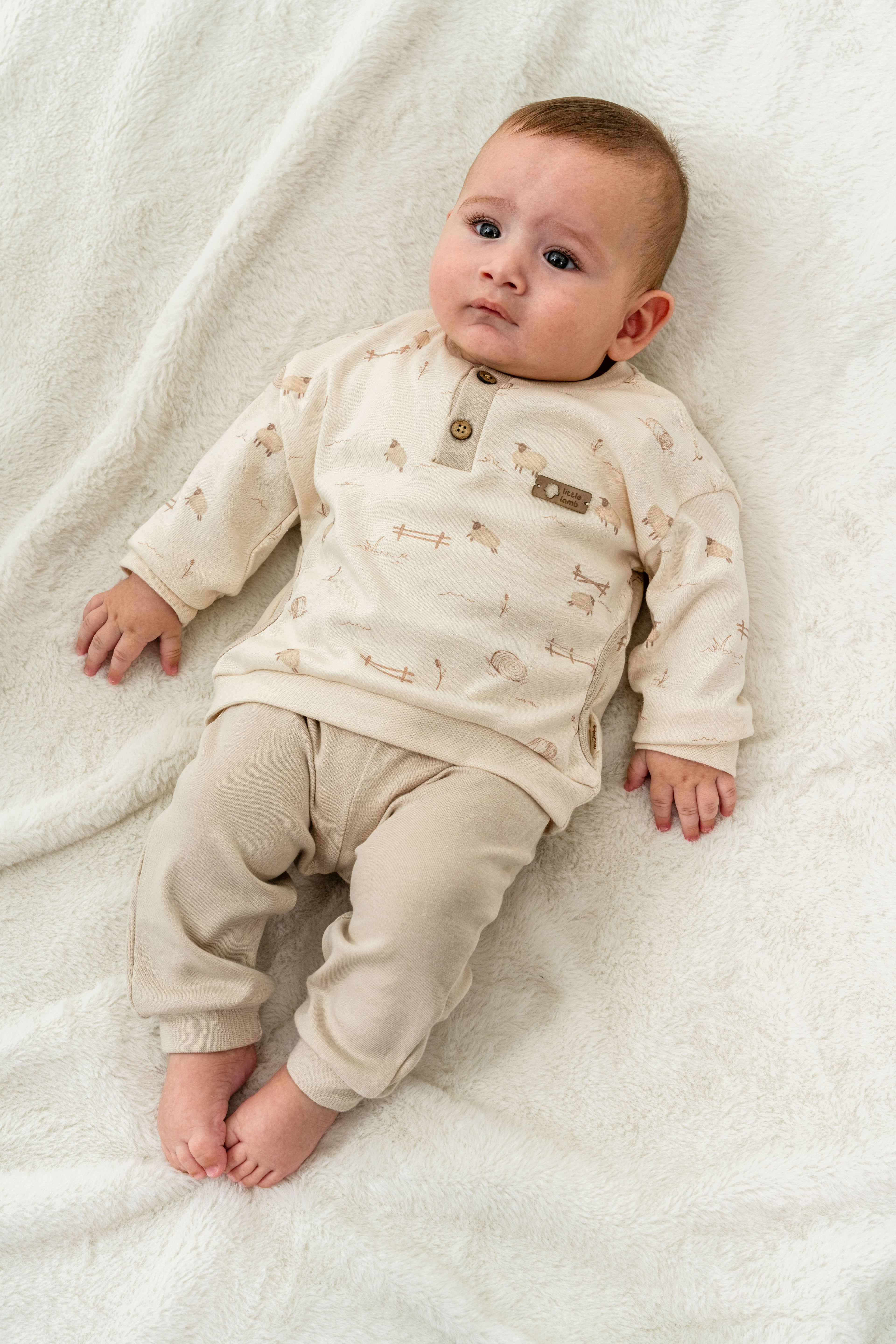 Organik Pamuk Kuzu Desenli Bej Sweatshirt ve Pantolon 2’li Takım - Lamb Koleksiyonu