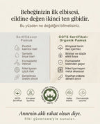 GOTS sertifikalı organik pamuk güvence kartı, kimyasal içermez dermatolojik uyumlu bebek giyim bilgi grafiği