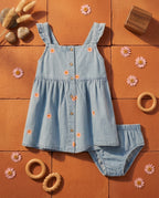Losan Çiçek İşlemeli Önü Düğmeli Külotlu Denim Elbise