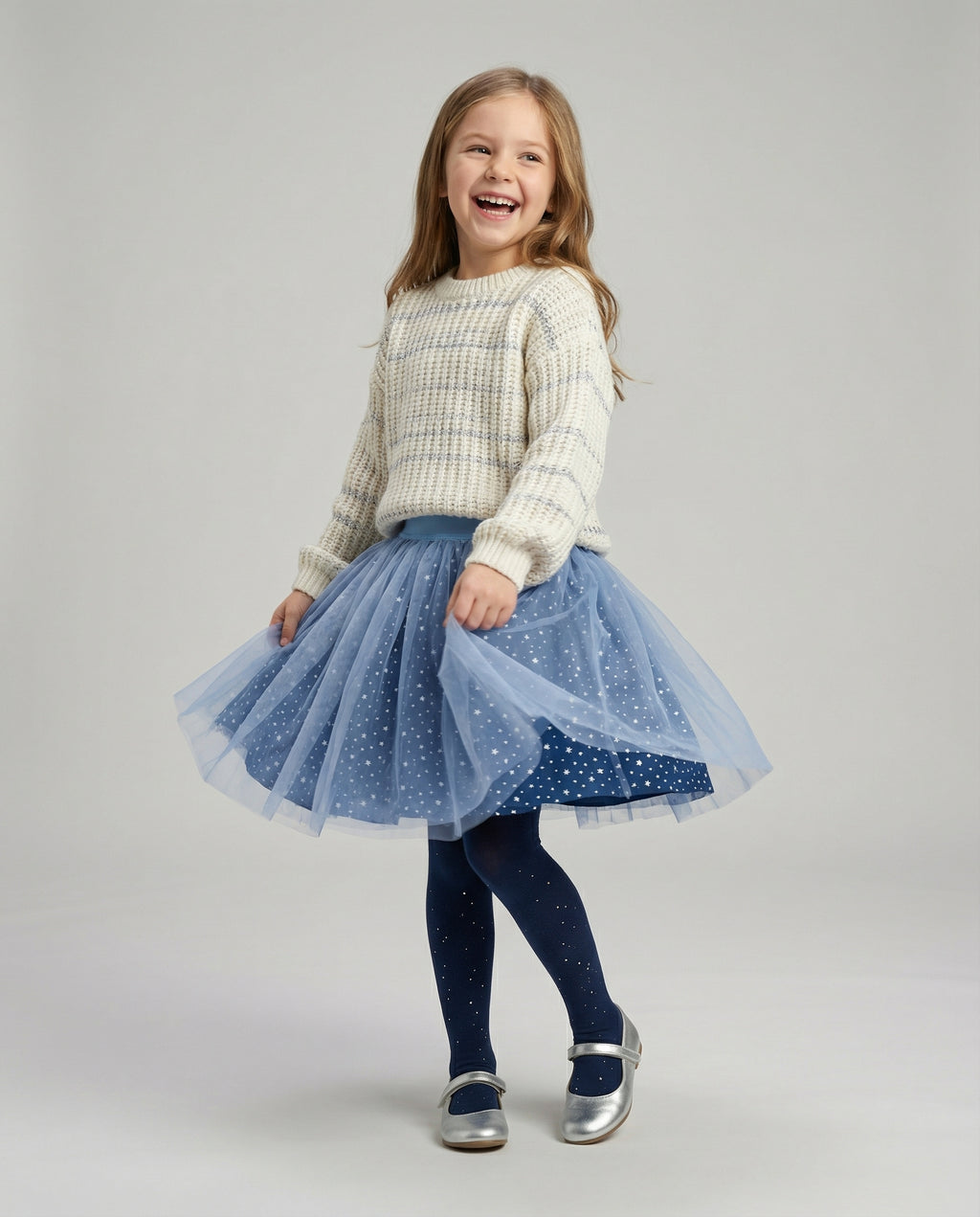 Yıldız Desenli Tüllü Özel Dikim Lacivert Kız Çocuk Eteği – Pamuk Astarlı