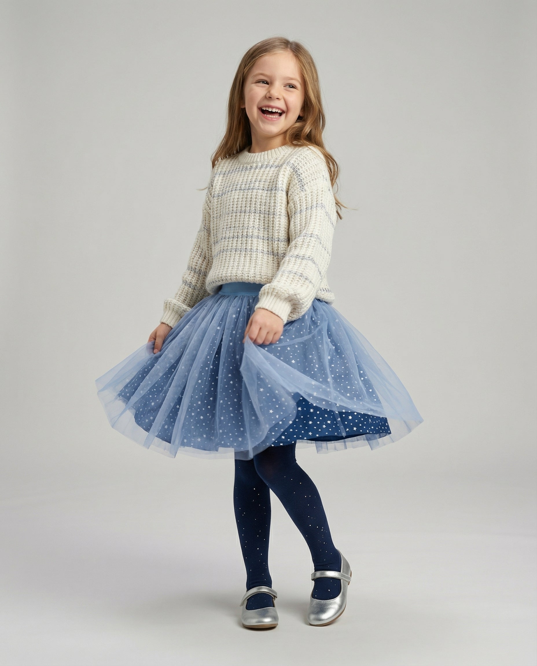 Yıldız Desenli Tüllü Özel Dikim Lacivert Kız Çocuk Eteği – Pamuk Astarlı