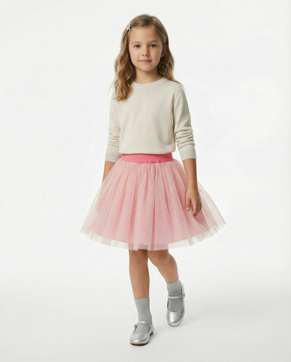 Yıldız Desenli Tüllü Özel Dikim Pembe Kız Çocuk Eteği – Pamuk Astarlı