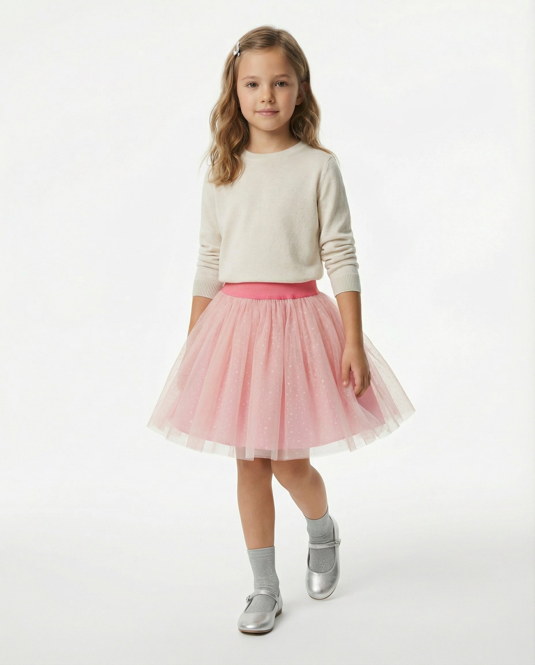 Yıldız Desenli Tüllü Özel Dikim Pembe Kız Çocuk Eteği – Pamuk Astarlı
