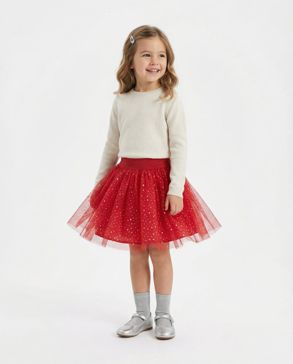 Yıldız Desenli Tüllü Özel Dikim Kırmızı Kız Çocuğu Eteği - Pamuk Astarlı