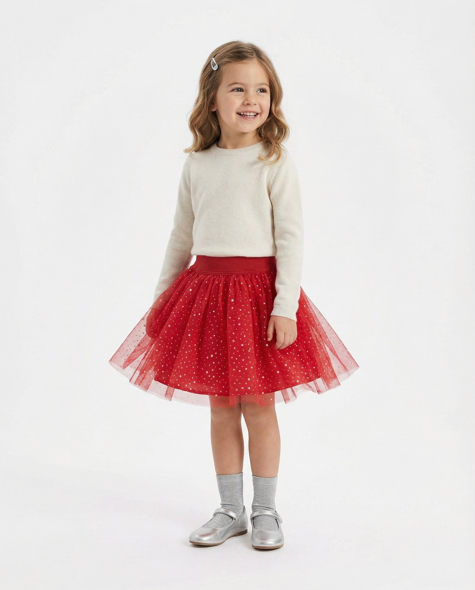 Yıldız Desenli Tüllü Özel Dikim Kırmızı Kız Çocuğu Eteği - Pamuk Astarlı